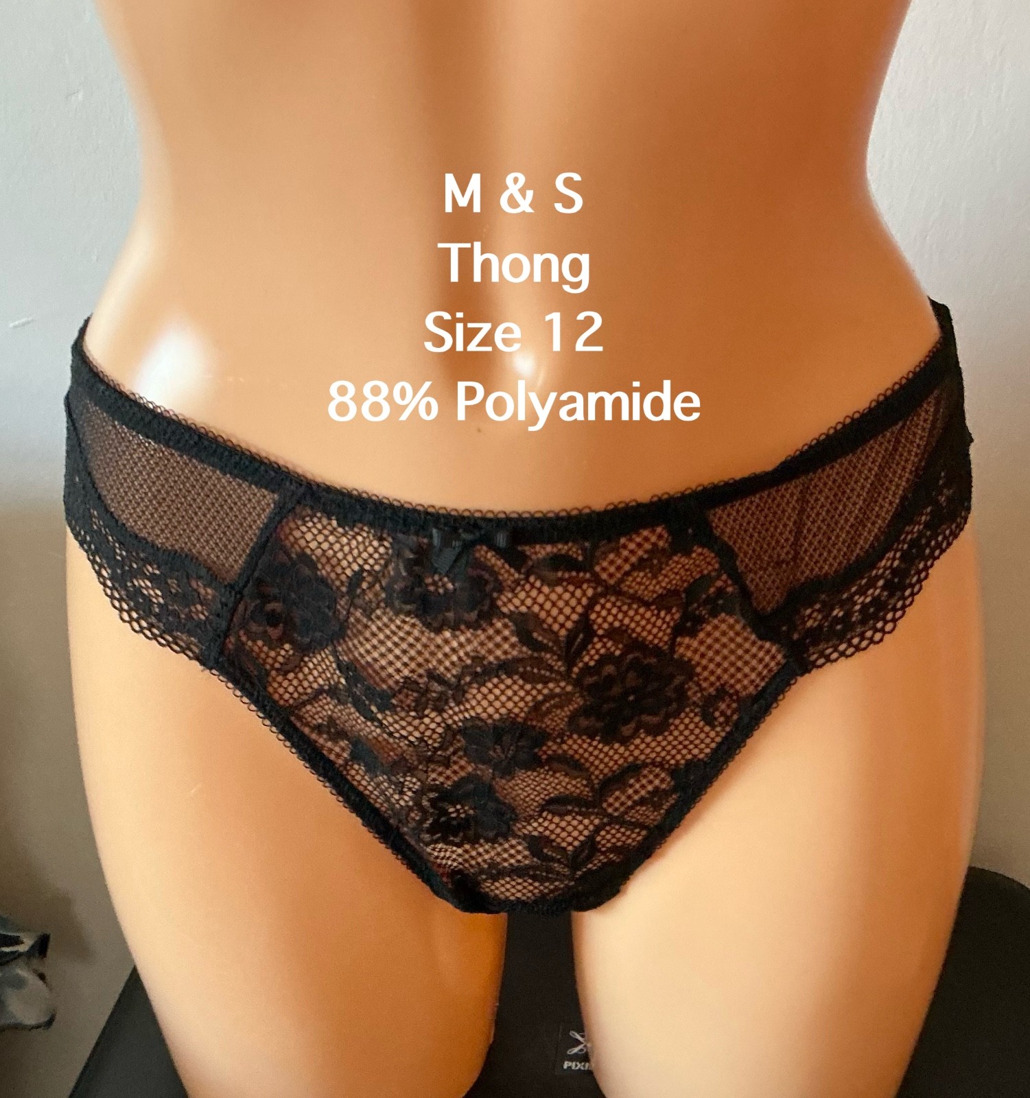 M & S LACE THONG ~ SIZE 12 ~ BLACK ~ 88% POLYAMIDE 12% ELASTANE ~ NEW