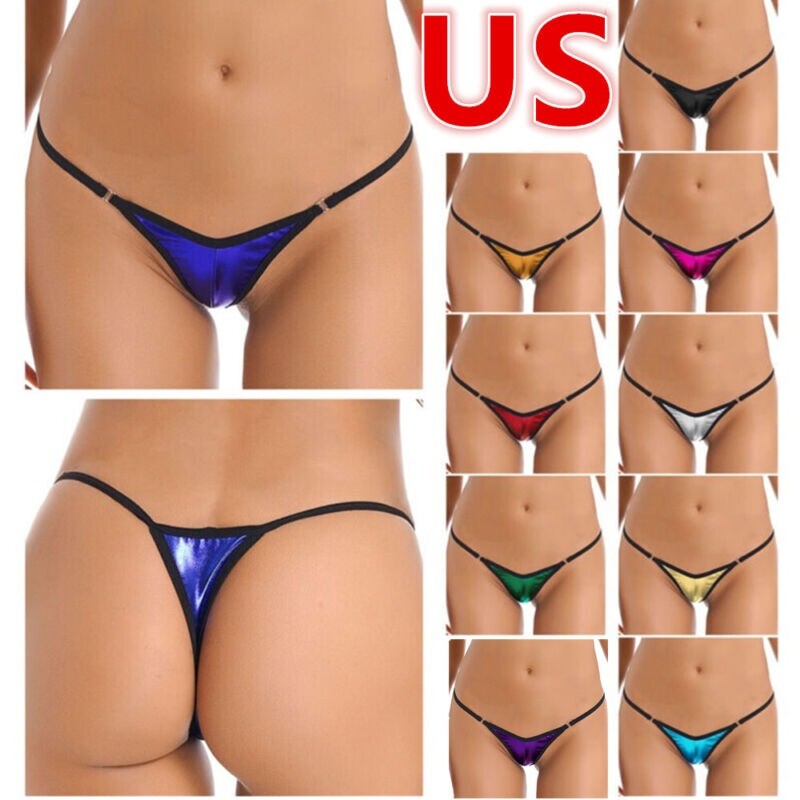 US Womens Shiny Micro Mini Bikini Underwear Metallic Low Rise T-Back Underpants