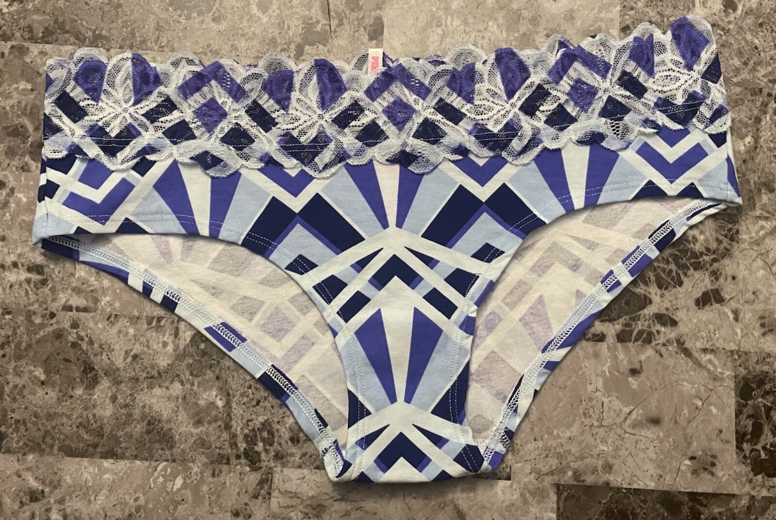 NWT VICTORIA’S SECRET PINK LARGE BLUE GEOMETRIC FLORAL LACE RARE HIPSTER PANTIES