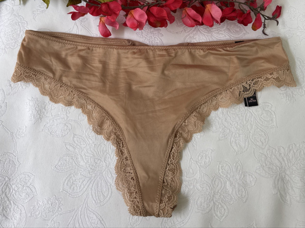 VICTORIA’S SECRET M SILKY GOLD NUDE STRAPPY CUT OUT BACK CHARM THONG PANTIES NWT