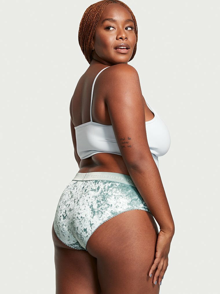 M Aqua Sage Dust FULL VELVET RARE Victorias Secret LOGO Heart Hiphugger Pantie