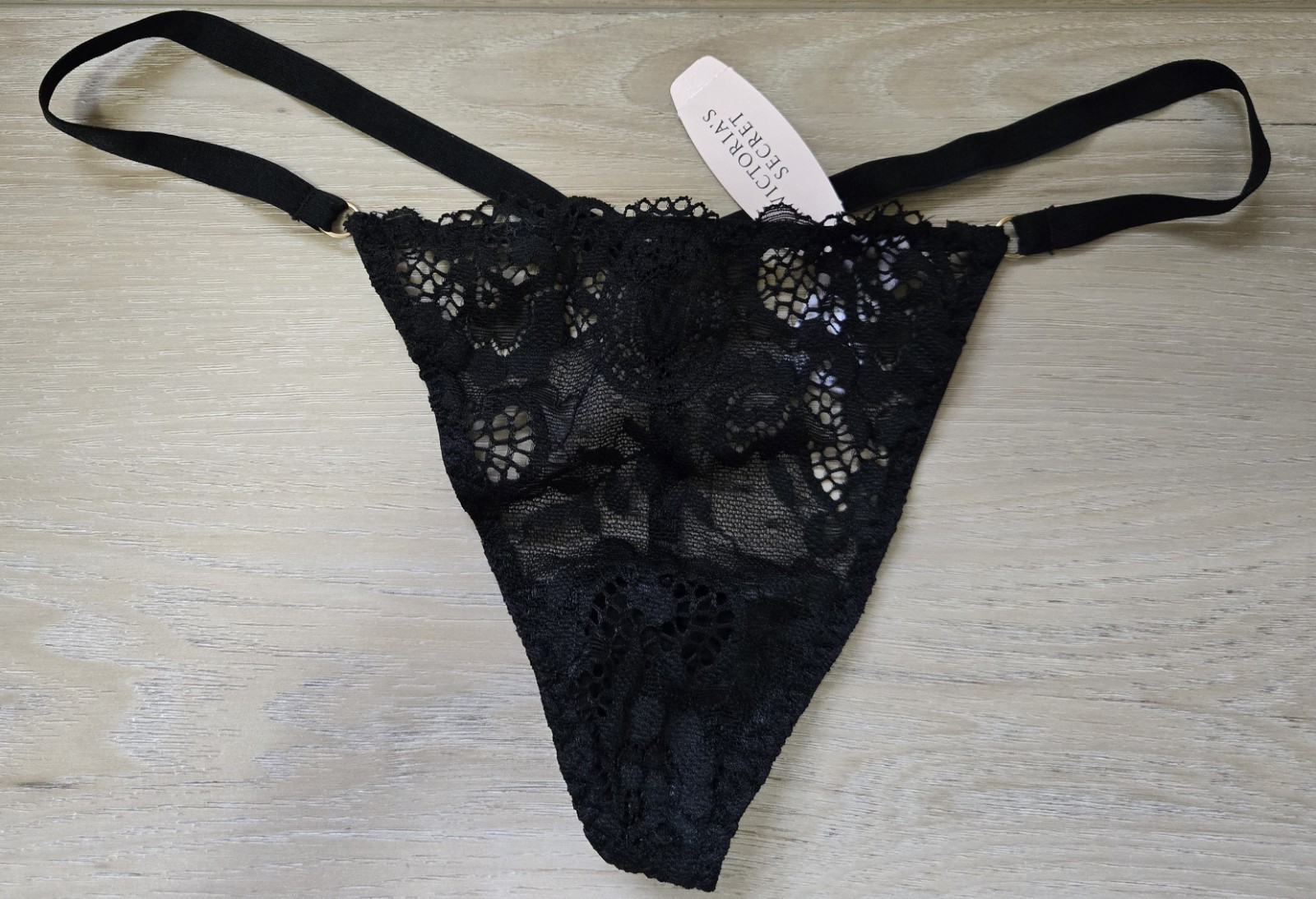 NWT Vintage Victoria’s Secret Black Sheer Logo Lace Mini V-String Panties O/S