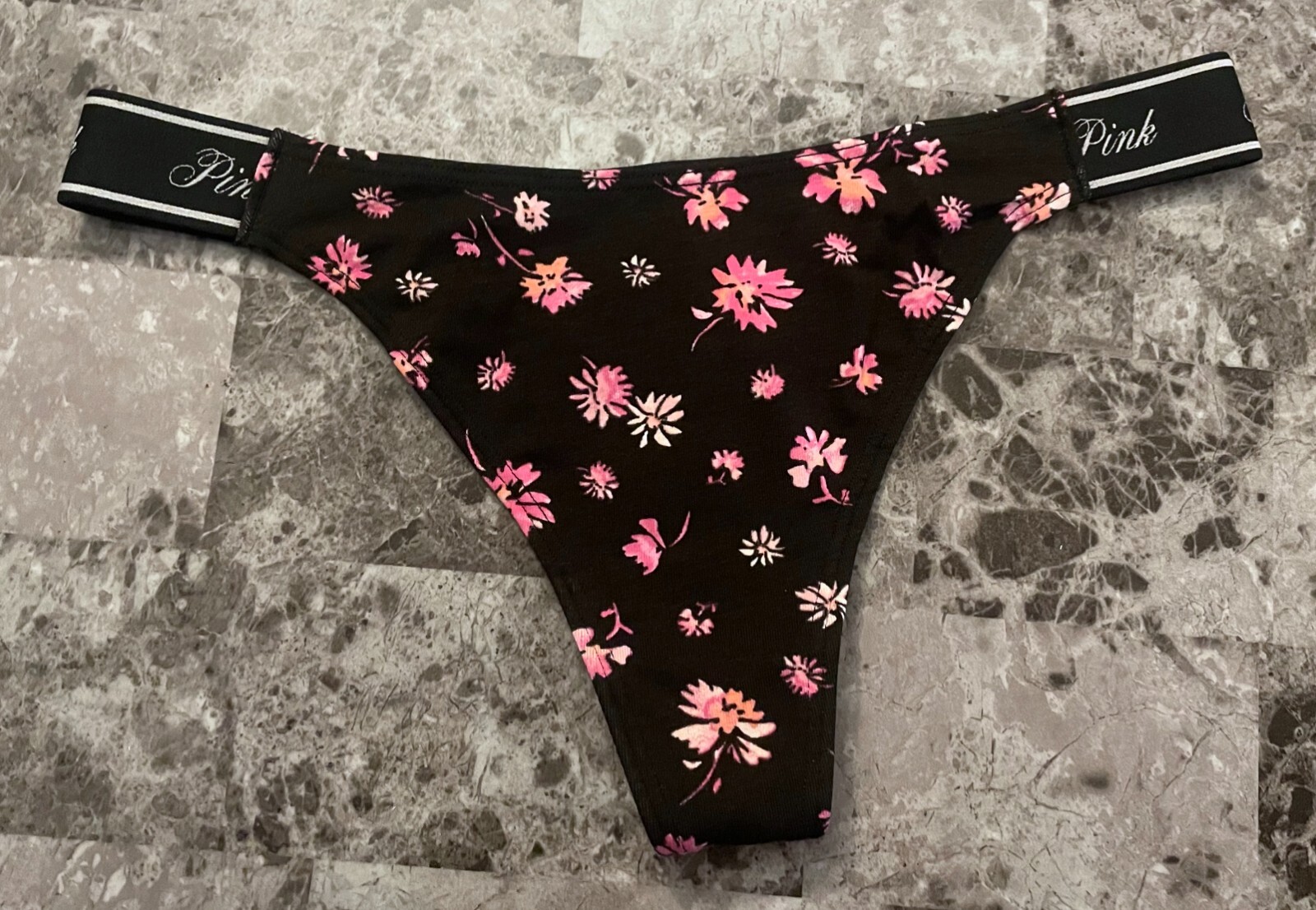 NWT VICTORIA’S SECRET PINK BLACK ORANGE FLORAL THICK SIDE STRAP THONG PANTIES