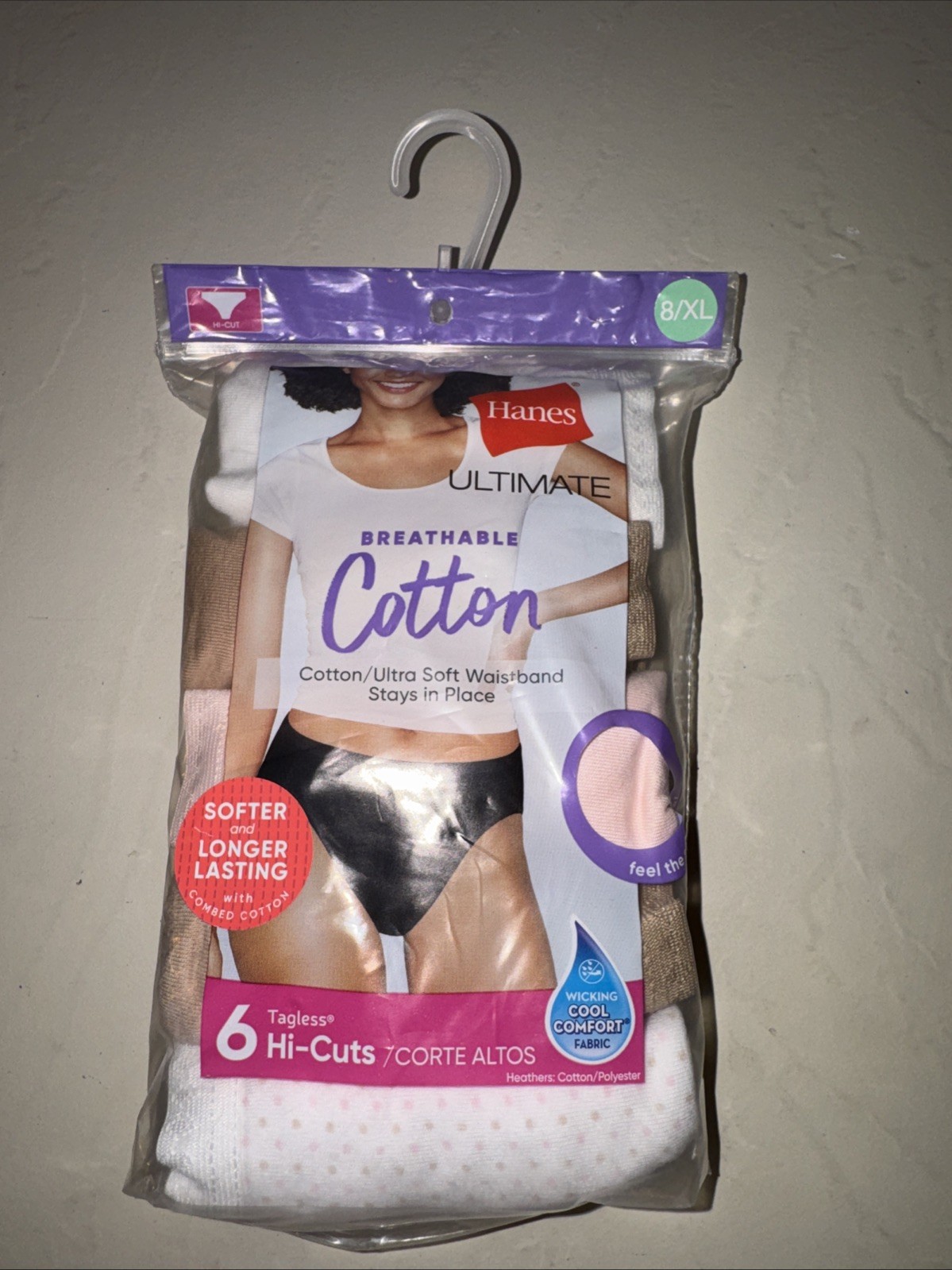 8 XL NEW Hanes Ultimate Women Breathable Hi Cut Underwear 6 Pk Cotton PANTY