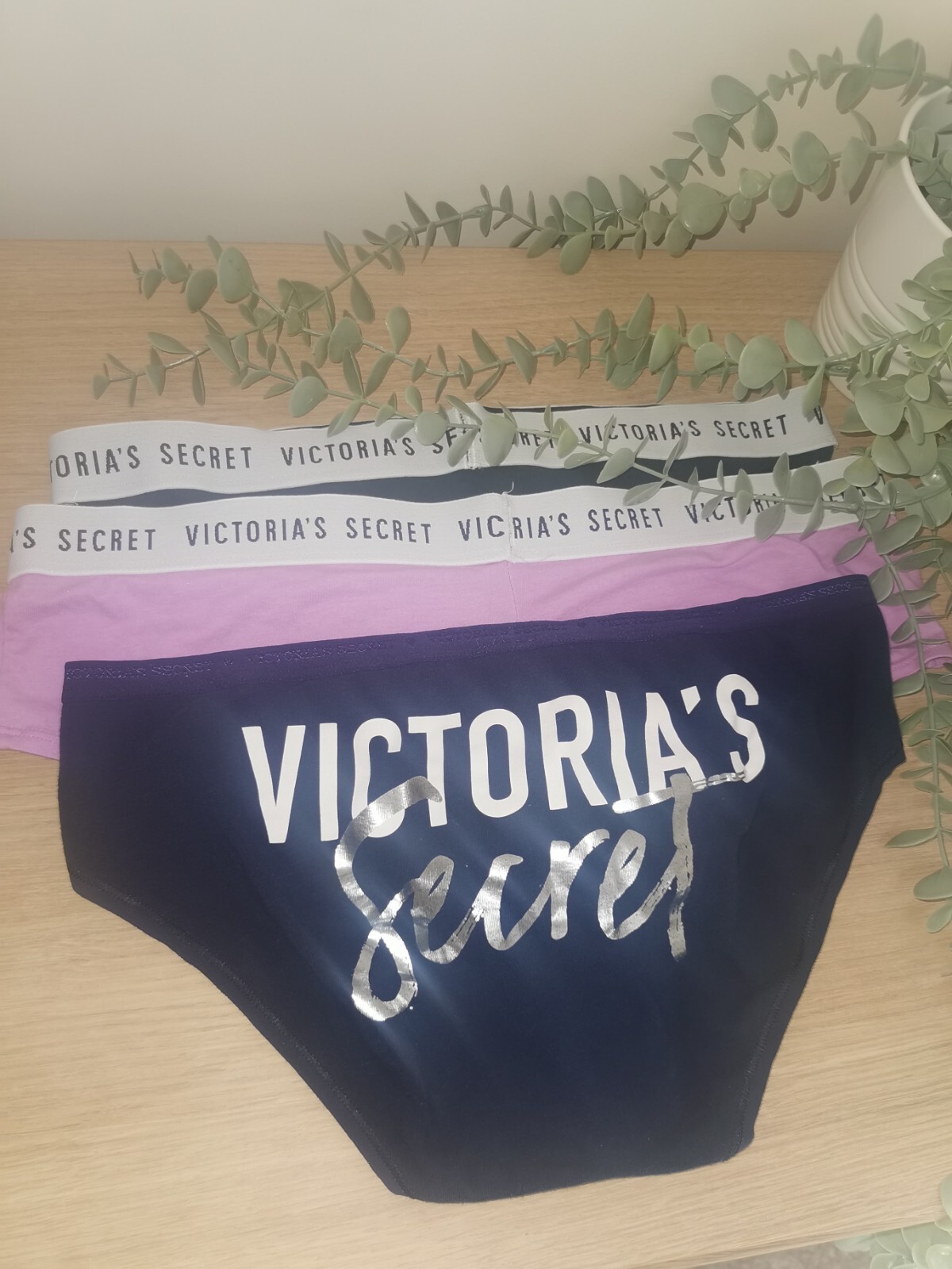 Victoria’s Secret Knickers X3 Black Navy Purple Branded Elasticated Band. UK L