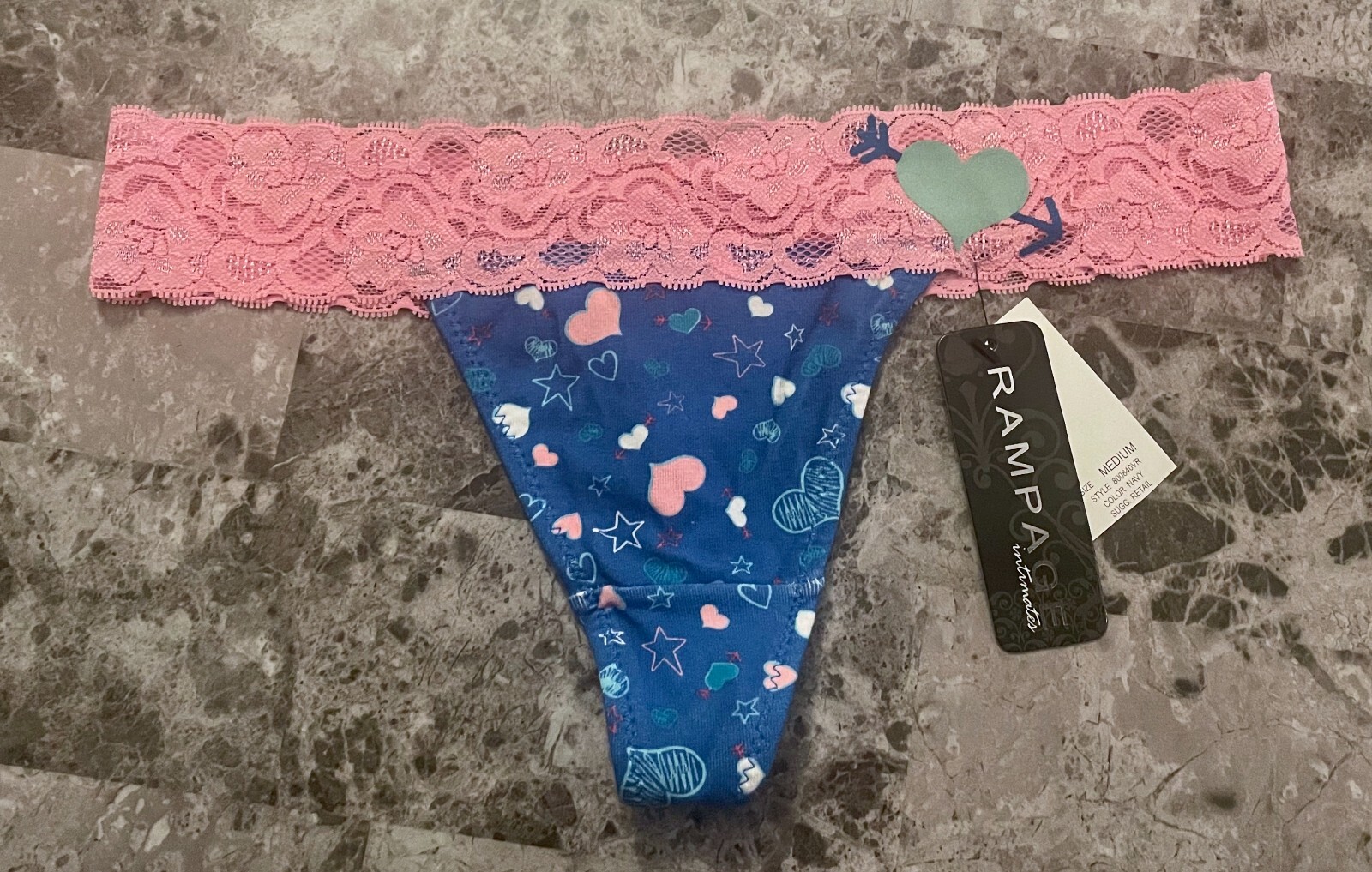 NWT RAMPAGE MEDIUM BLUE PINK HEART STAR LACE BAND VINTAGE RARE THONG PANTIES