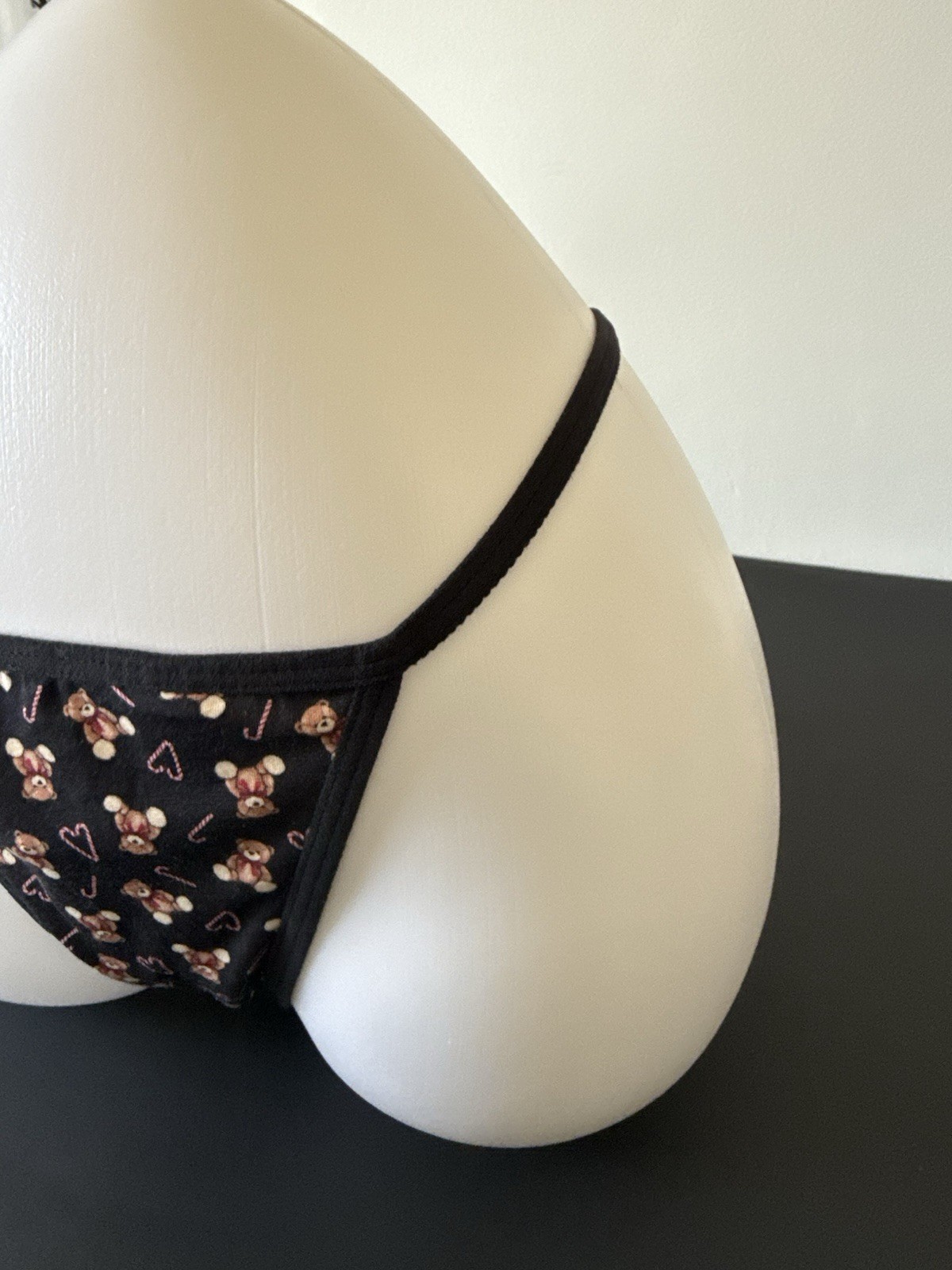 Black G String Holiday Candy Cane Hearts & Teddy Bear Christmas Panties Size M