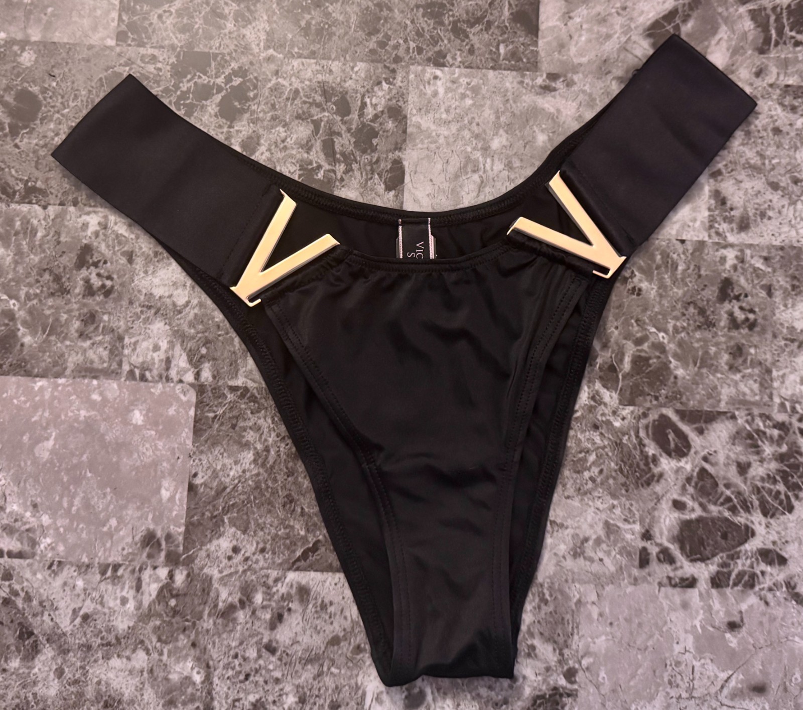 VICTORIA’S SECRET SATIN SMOOTH BLACK ROSE GOLD V LOGO BRAZILIAN CHEEKY PANTIES