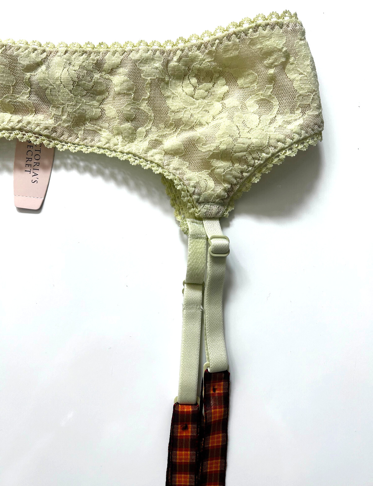 NWT Victoria’s Secret Green Yellow Plaid Lace Sexy Garter Lingerie Size XS