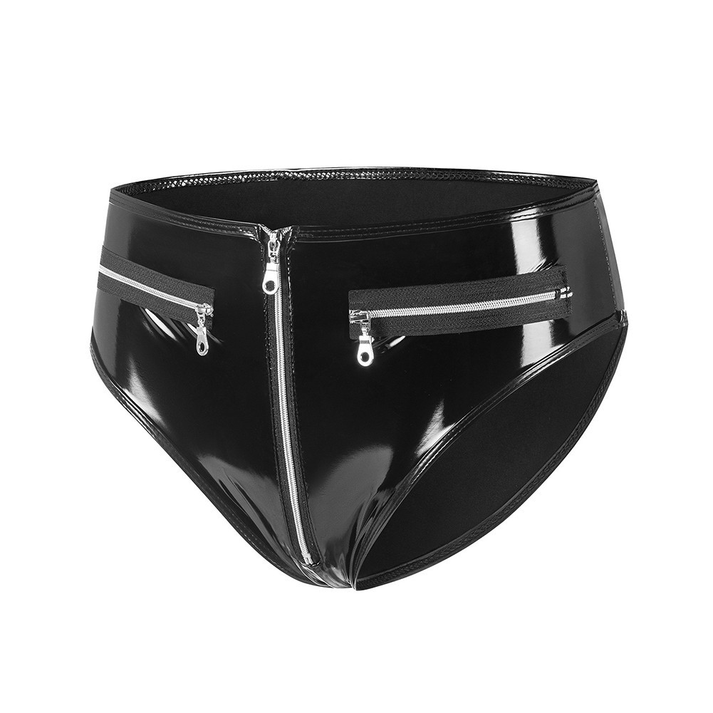 Womens Shiny Latex Panties with Zip Open Crotch Wet Look Briefs for Nightclub