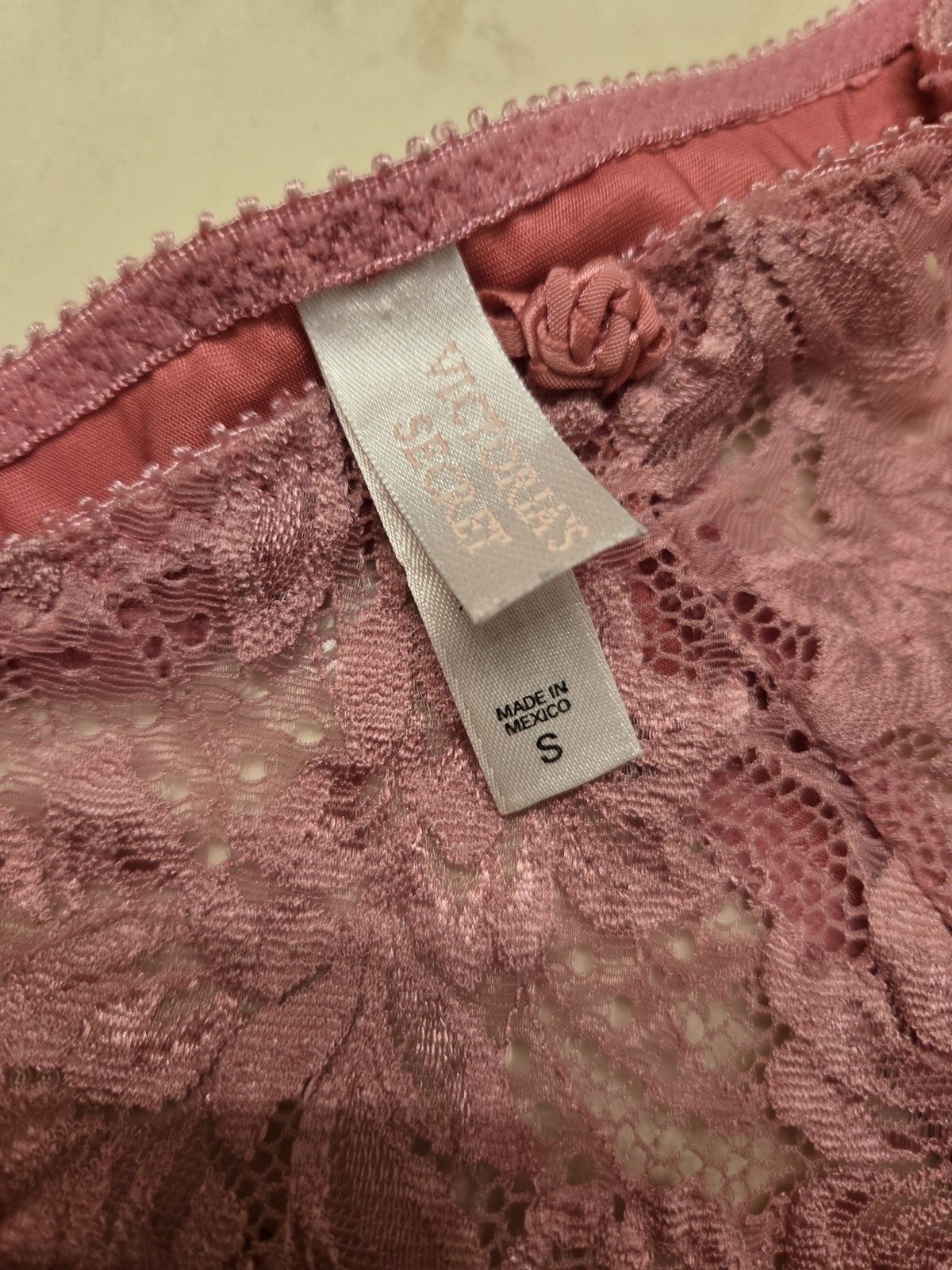 Vintage Victoria’s Secret Pink Satin Thong With Lace Accent Small 2000