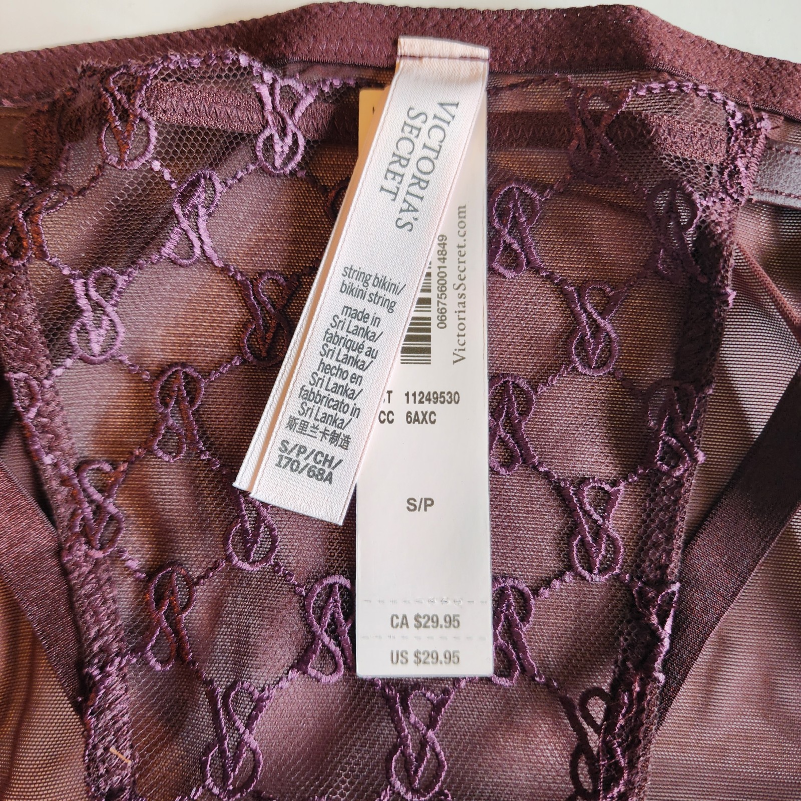 Victoria’s Secret String Bikini NWT Embroidered Logo Burgundy Lace Mesh Size S