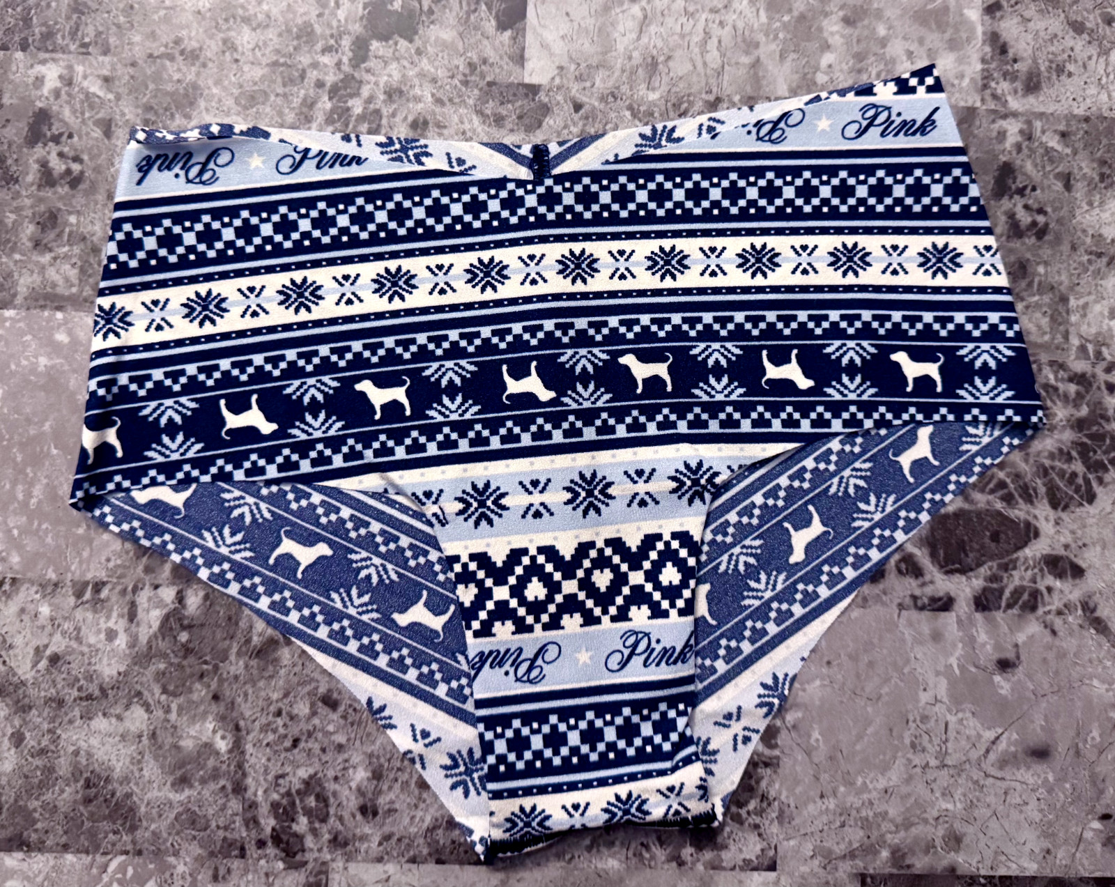 NWOT VICTORIA’S SECRET PINK BLUE FAIR ISLE SNOWFLAKE LOGO NO SHOW CHEEKY PANTIES
