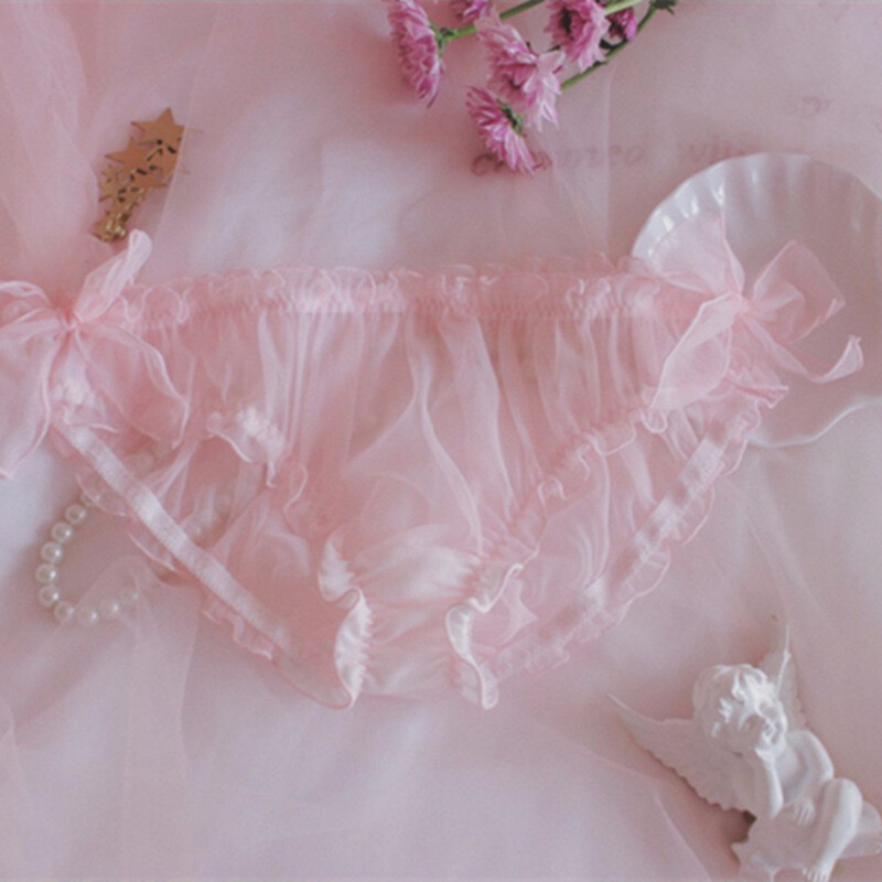 Ladies Chiffon Tulle Sheer Underwear Briefs Bow Pleated Frill Knickers Lolita