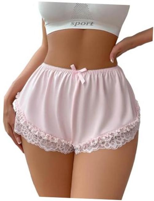 Women’s Contrast Lace Bow Front Frill Trim Mesh Satin Brief Medium Pink