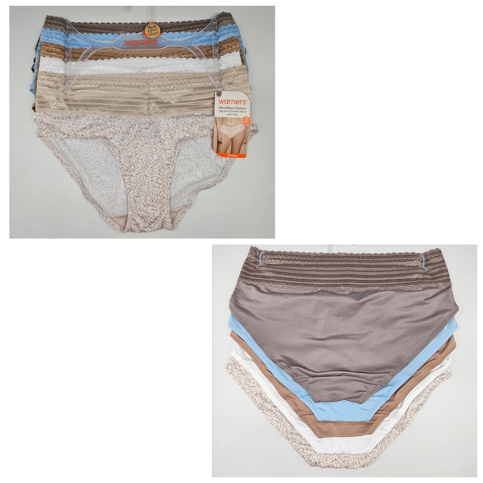 5 Pk WARNERS Women S M L XL Micro Hipsters Dig Free Waist Taupe Blue Beige White