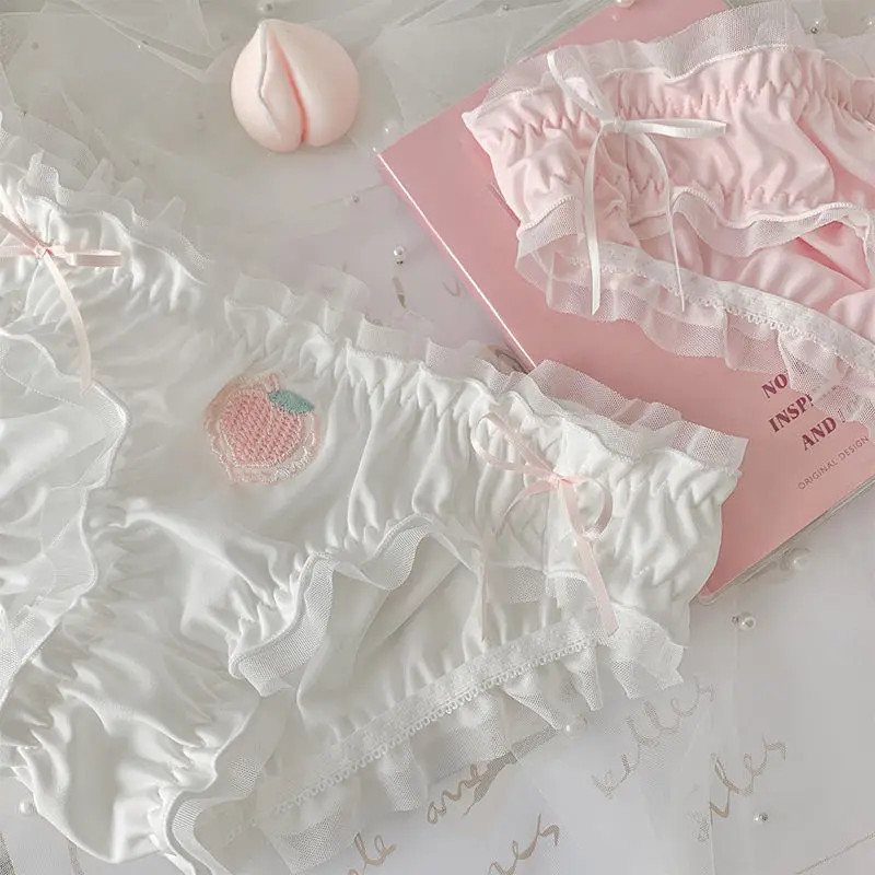 Strawberry Panties Women Satin Sweet Ruffle Briefs Cute Peach Kawaii Underwear