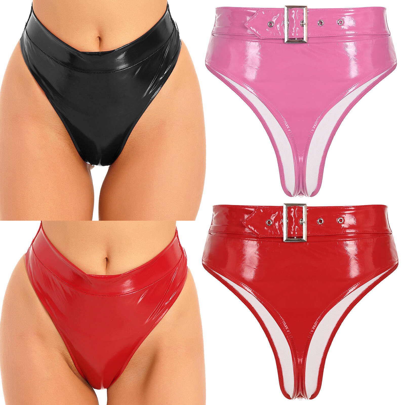 US Women High Waist Patent Leather Thong Wet Look Bikini Briefs Panties Clubwear