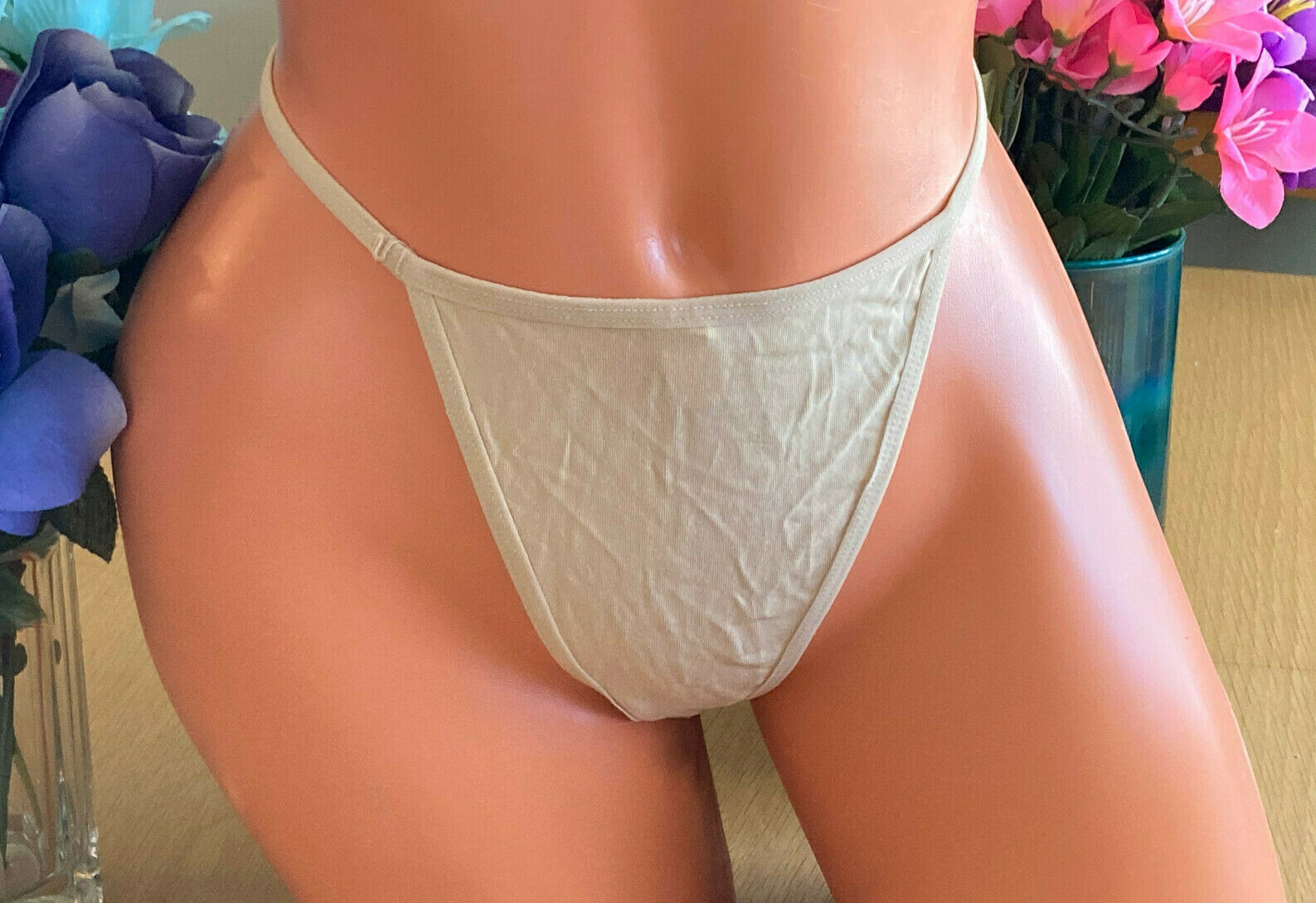 222 Cotton Whisper Size XL/XXL Nude Cheeky String Thong Cotton Blend Panty NWOT