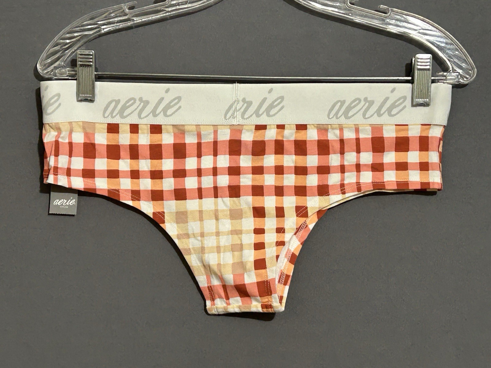 Aerie Cheeky Panty Size Large Pink Orange Red Gingham Pattern