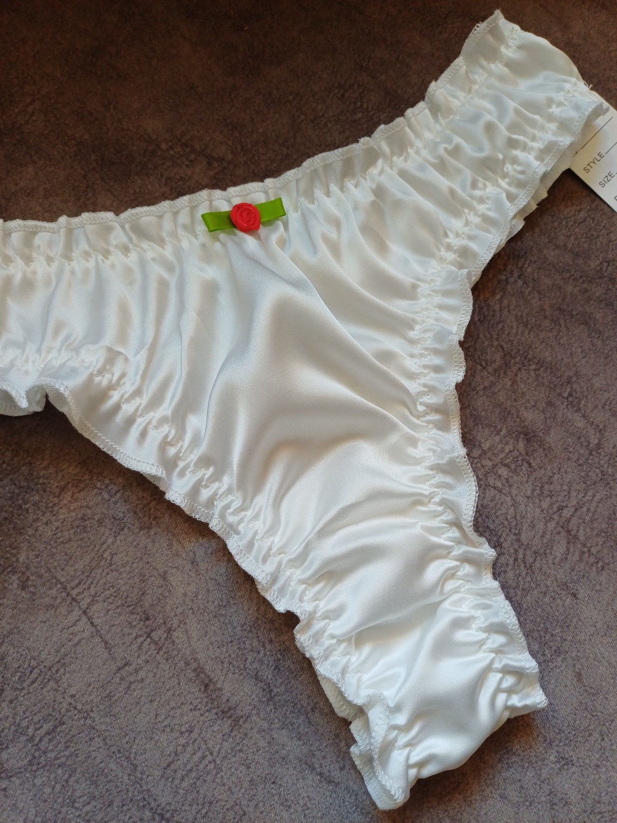 Sexy White Silky Satin Frilly Trim Thong G-String Panties Sissy Knickers S UK 8