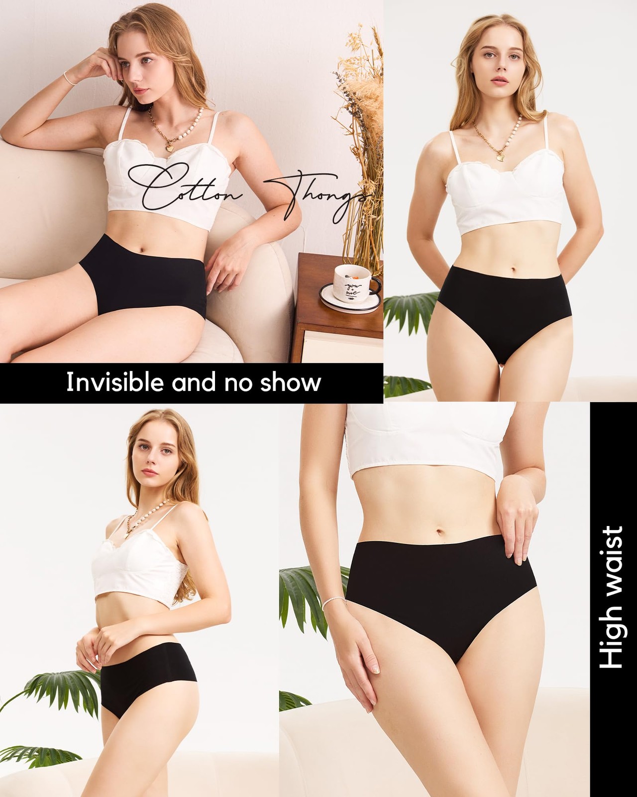 Women’s Cotton Thongs Seamless Underwear No Show Ladies Thong High Waisted Co…