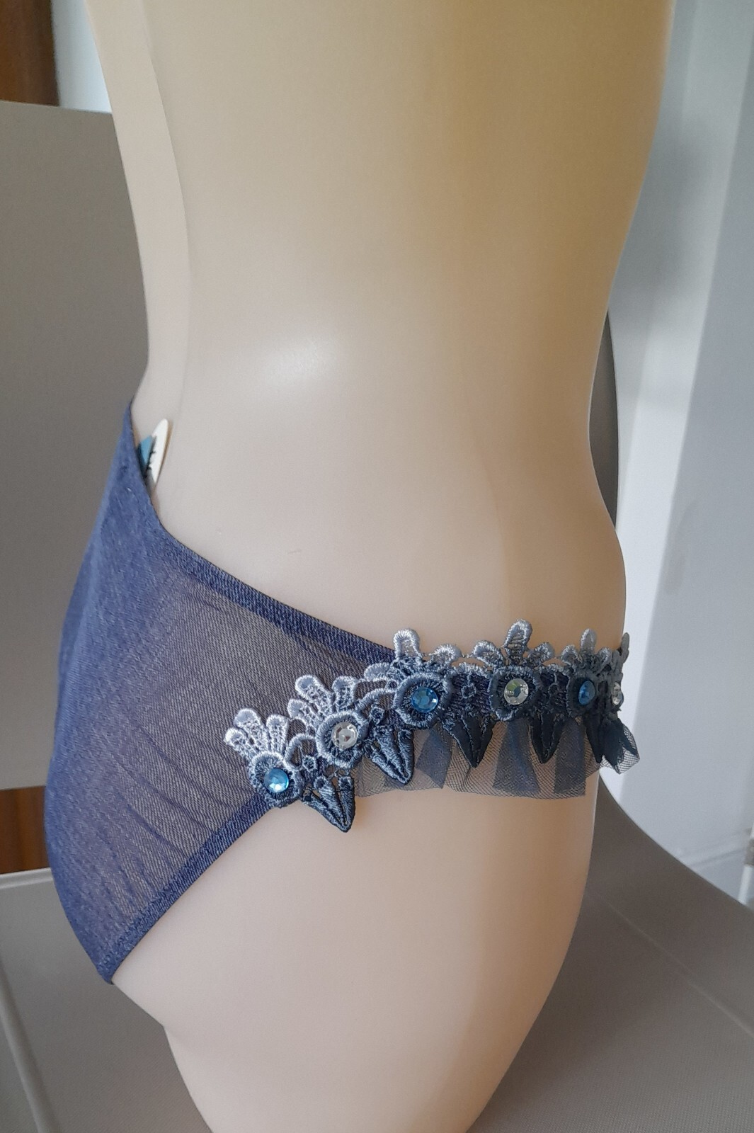 Janet Reger London Sheer Blue Denim Mesh Hipster Brief Lace/Jewels/Ruffles