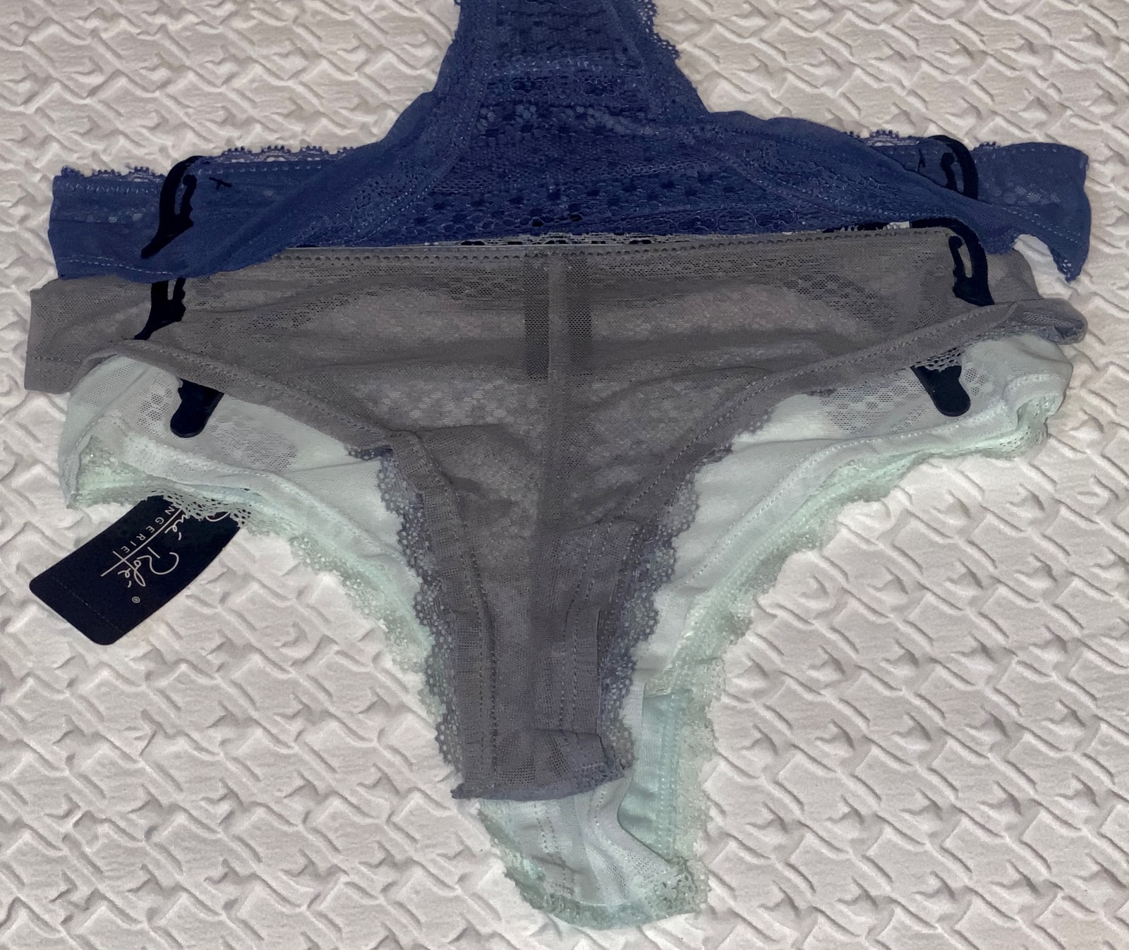 RENE ROFE 3 Pack Lace Trim Mint Green Blue Grey Mesh Thong Panty Womens M 6 L 7