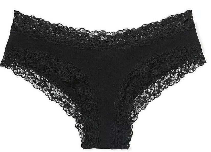 L NOIR BLACK Victoria’s Secret Stretch Cotton Lace-Waist & Leg Cheeky Pantie