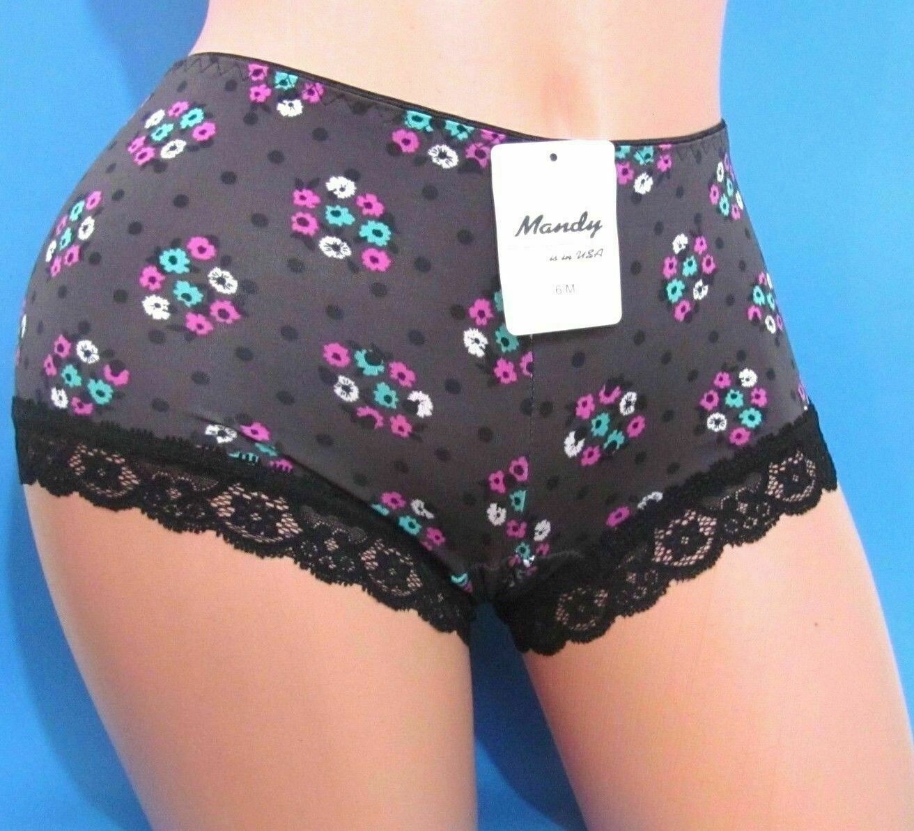 B18 MANDY Gray Floral Lace trim Sexy Boy shorts Sissy Bikini Panties Sz S