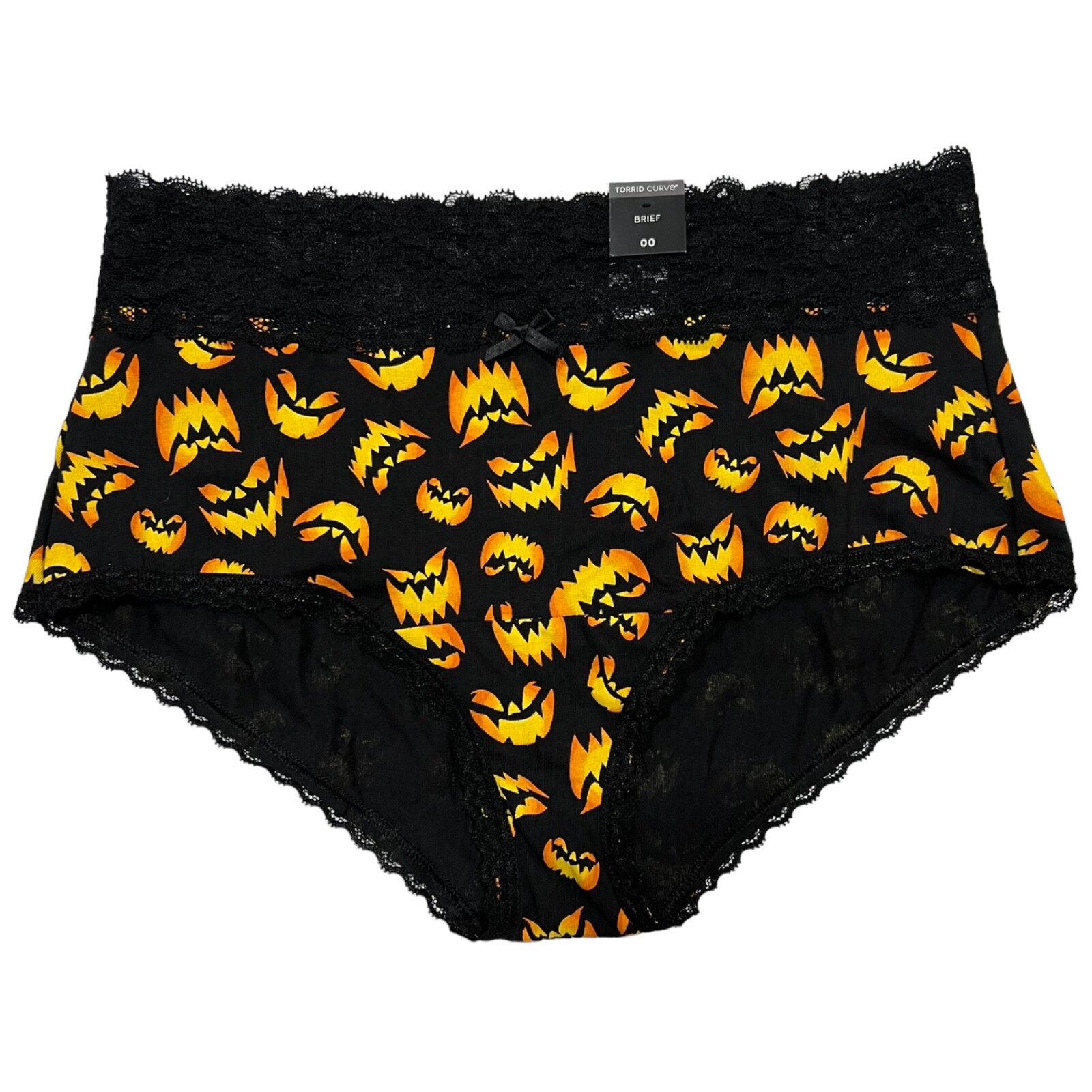NWT TORRID Brief Pantie Sz 00X-0X-1X-2X-4X Black Orange Pumpkins Lace Jersey