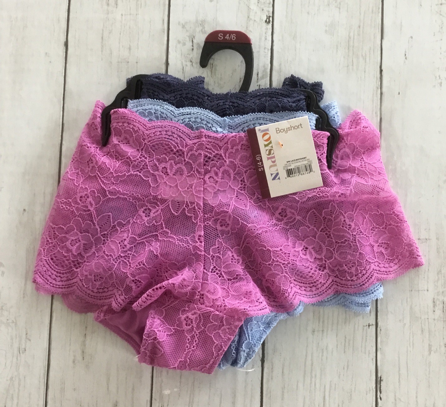 Joyspun Scalloped Lace Boyshorts Panty 3-Pack Pink/Blue/Navy Size Small (4-6)