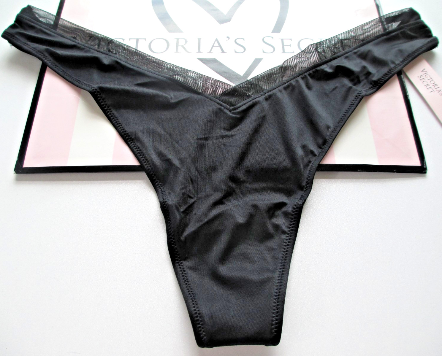 VICTORIA’S SECRET VERY SEXY High Leg Thong Panty VS Mesh Trim S M L XL Black NWT