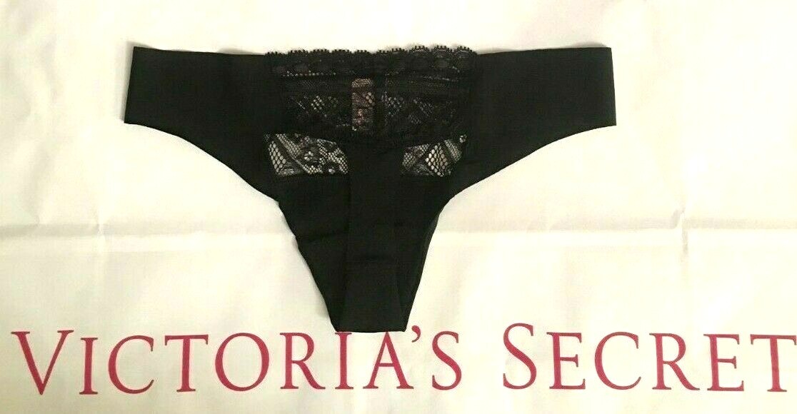 Victorias Secret Body by V Laser Cut Thong Panties Size XS Black Lace Insets NWT