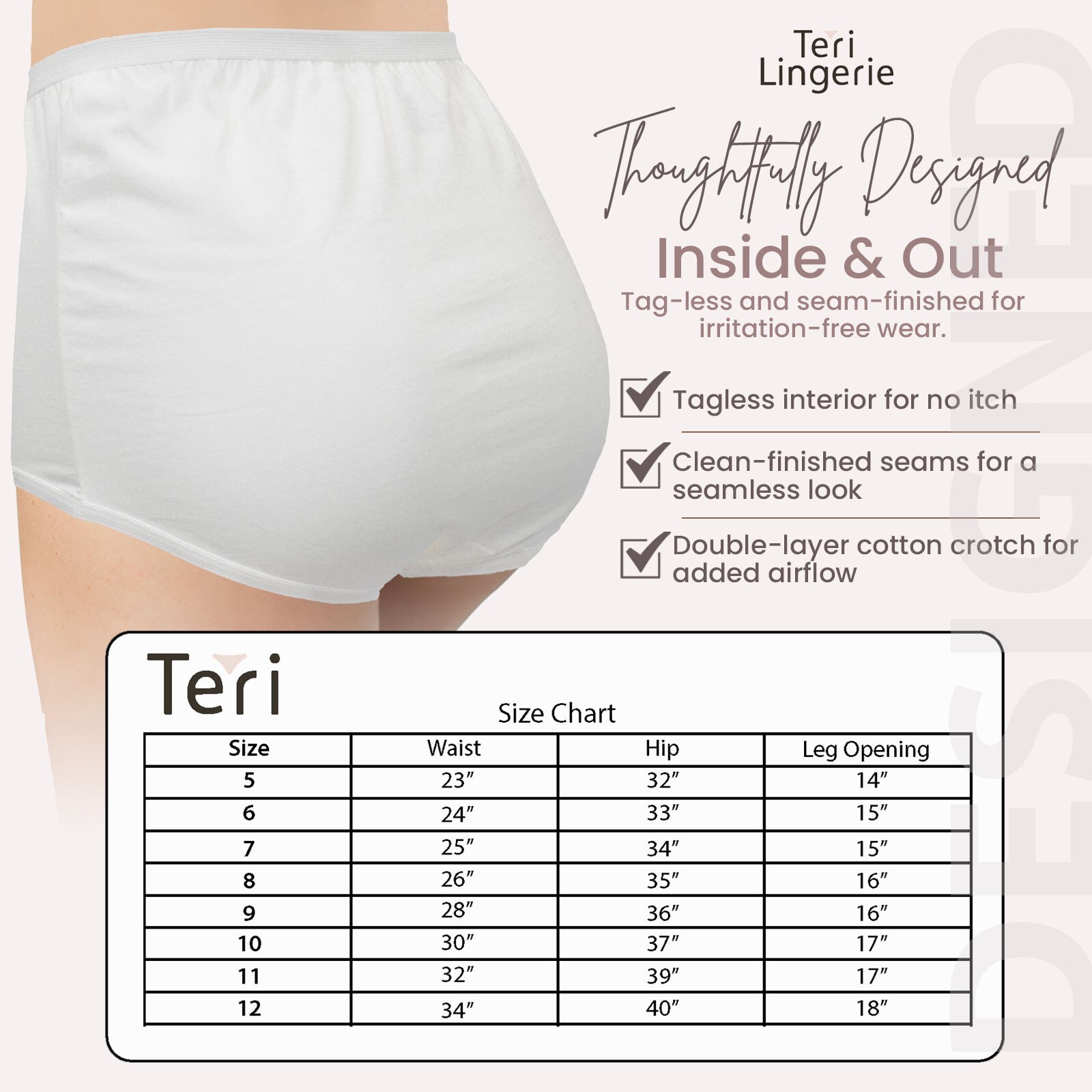 3 Pack Teri Lingerie Full Coverage Cotton Betsy Brief Elastic Leg Opening