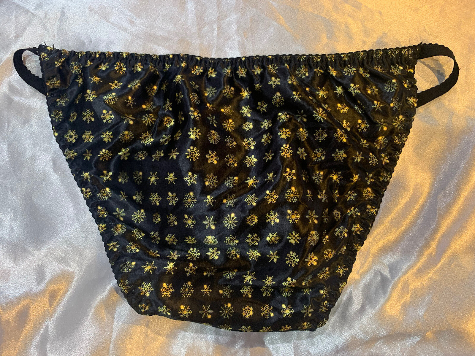 Nwot Handmade Sz L black gold snowflake satin string bikini Sissy panties