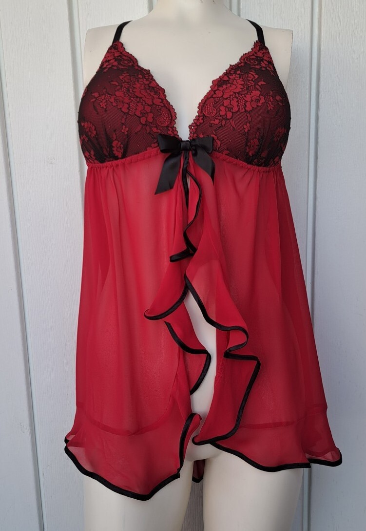 Linea Donatella Red Babydoll Lingerie Set Size XL Coquette Sexy Chiffon NEW