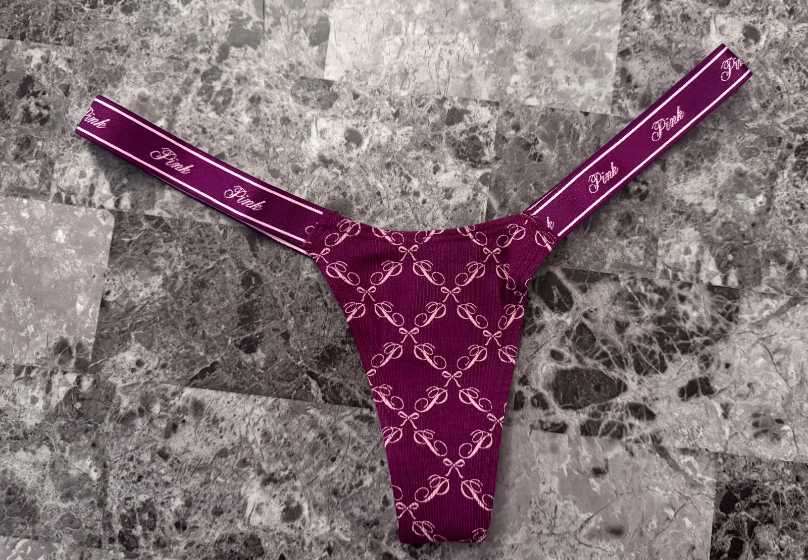 NWT VICTORIA’S SECRET PINK MAROON BOW MICRO TINY LOGO SIDE STRAPS THONG PANTIES