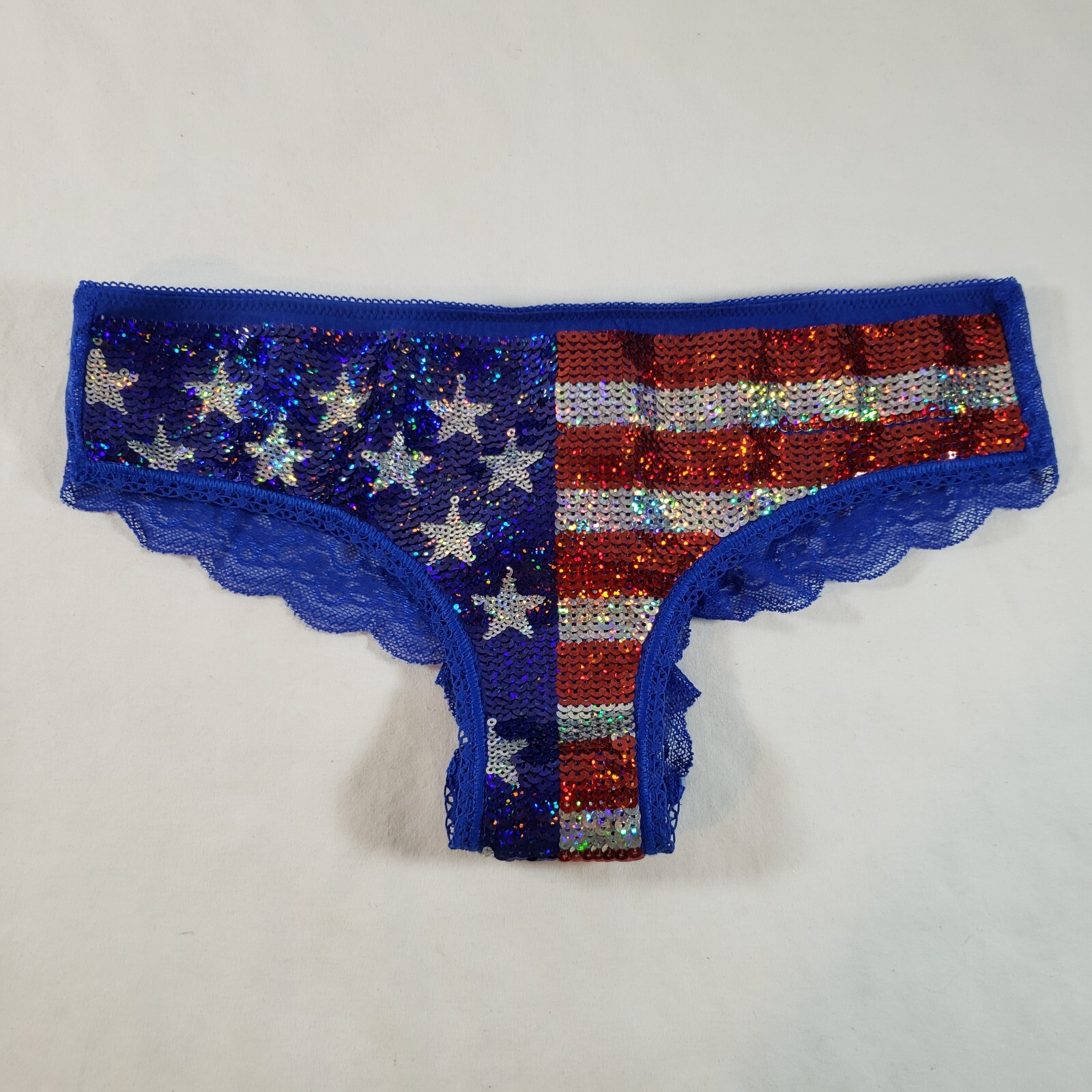 Victoria’s Secret Pink Hipster American Flag Sequins Lace Back Small Red White
