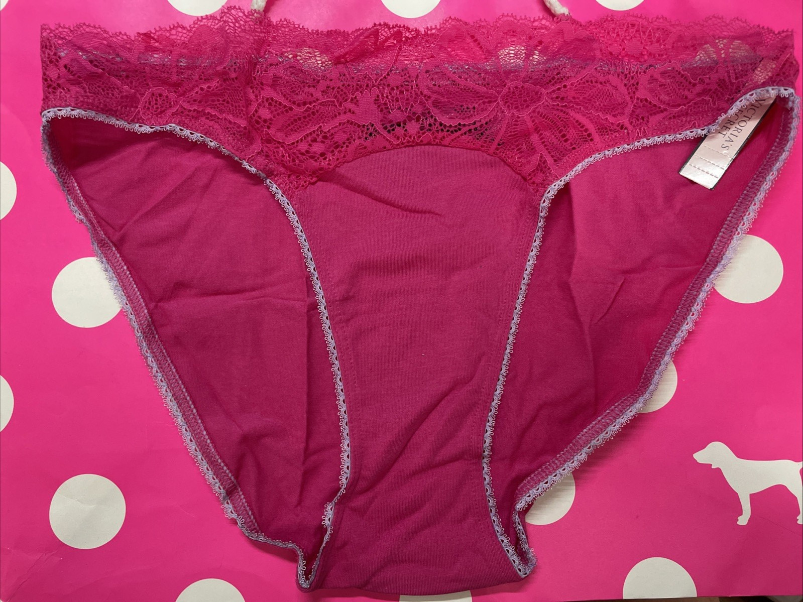 NEW 2021 Victoria’s Secret Bikini Panties Cotton Lace Front L Fuchsia Pink Panty