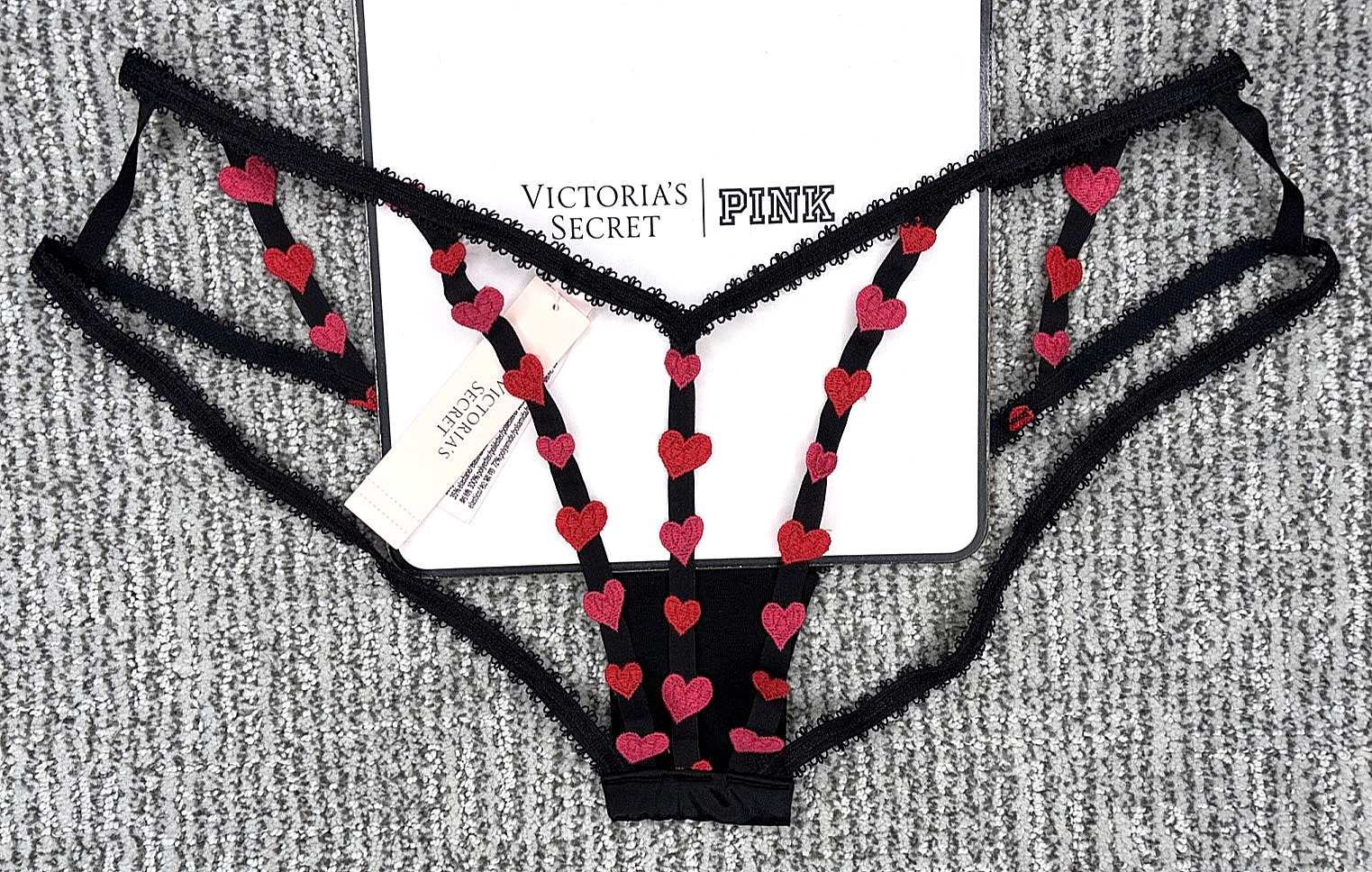 Victoria’s Secret Sexy NWT XL Black Heart Embroider Strappy Open Cheeky Panty