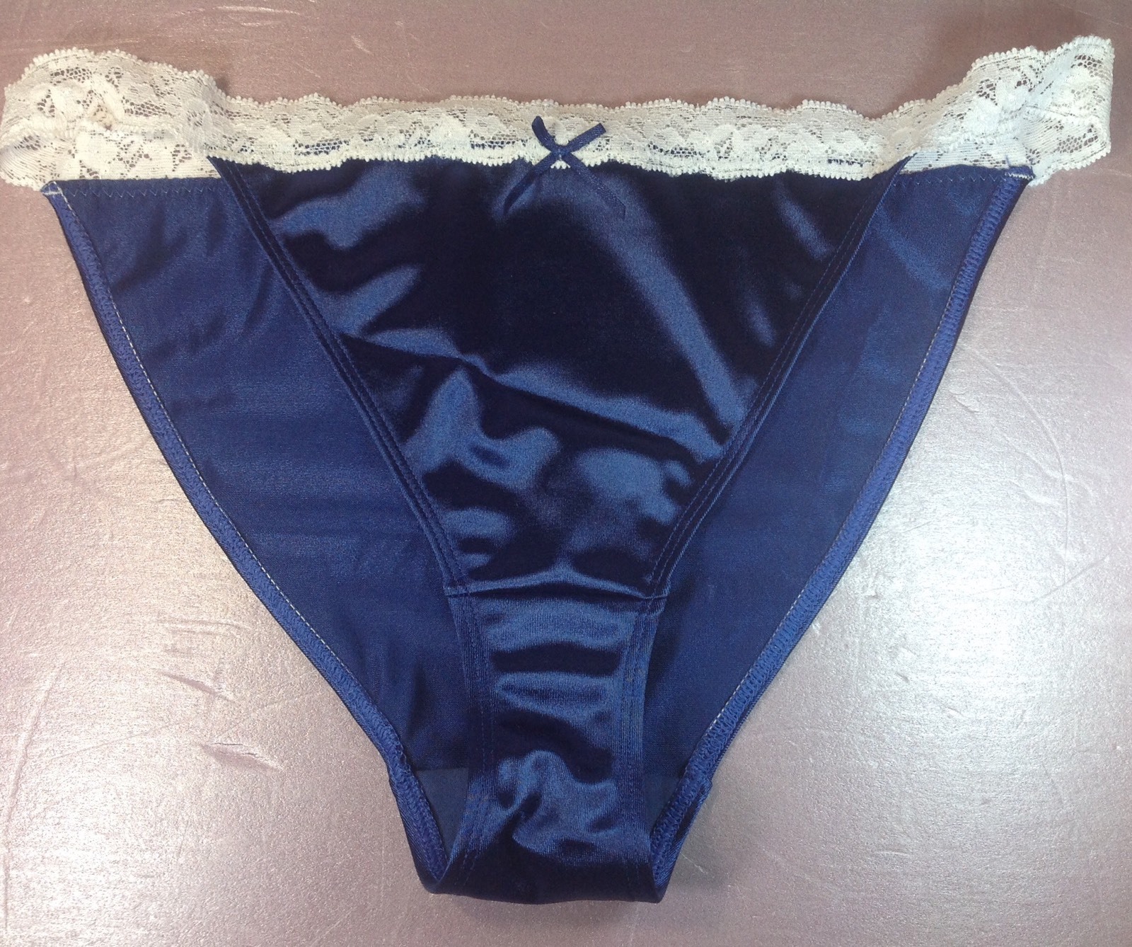 Women Panties,bikinis ILUSION Size L. Blue Satin Soft Silky W/ Fishnet Waistband