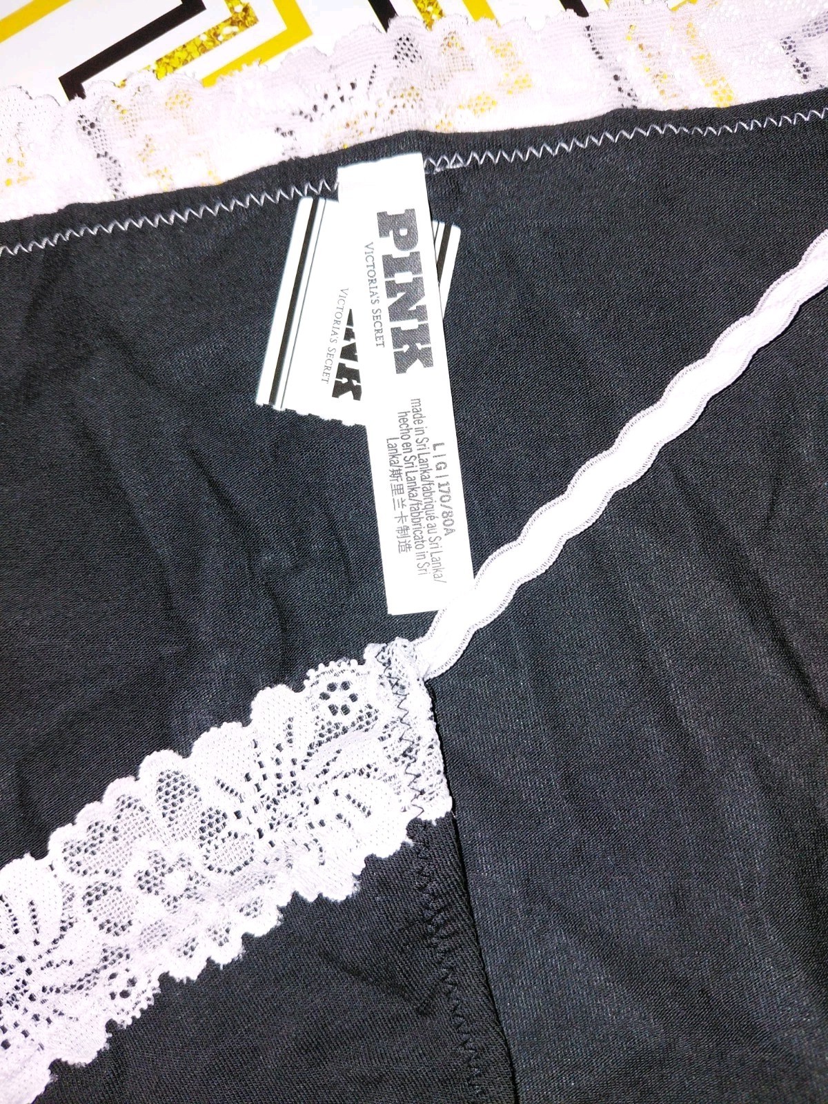NeW Vs Pink 2tone cotton lace Trim string bikini Panty Size Large Black/pink