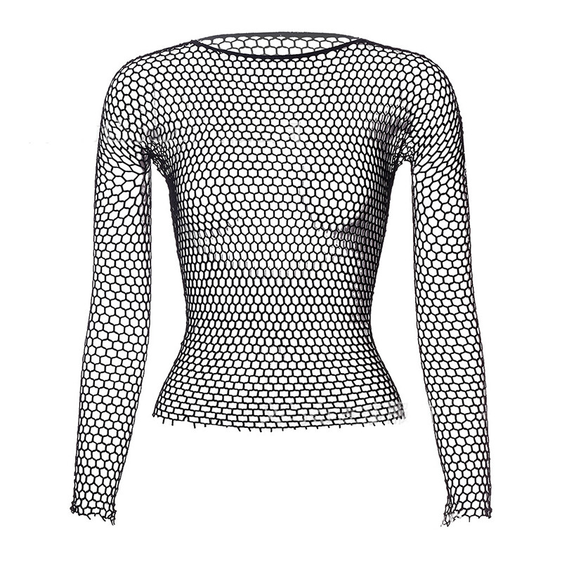 Sexy Long Sleeve Top Women Mesh Fishnet Blouse Crop See Through Hollow T Shirt