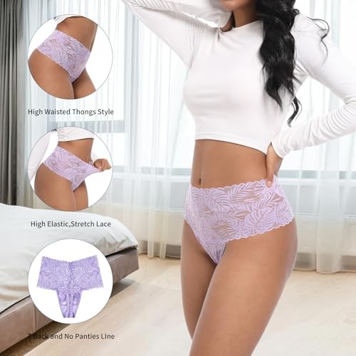 High Waisted Lace Thongs Large Black*1 Grey*1 Nude*1 Light Purple*1 Pink*1