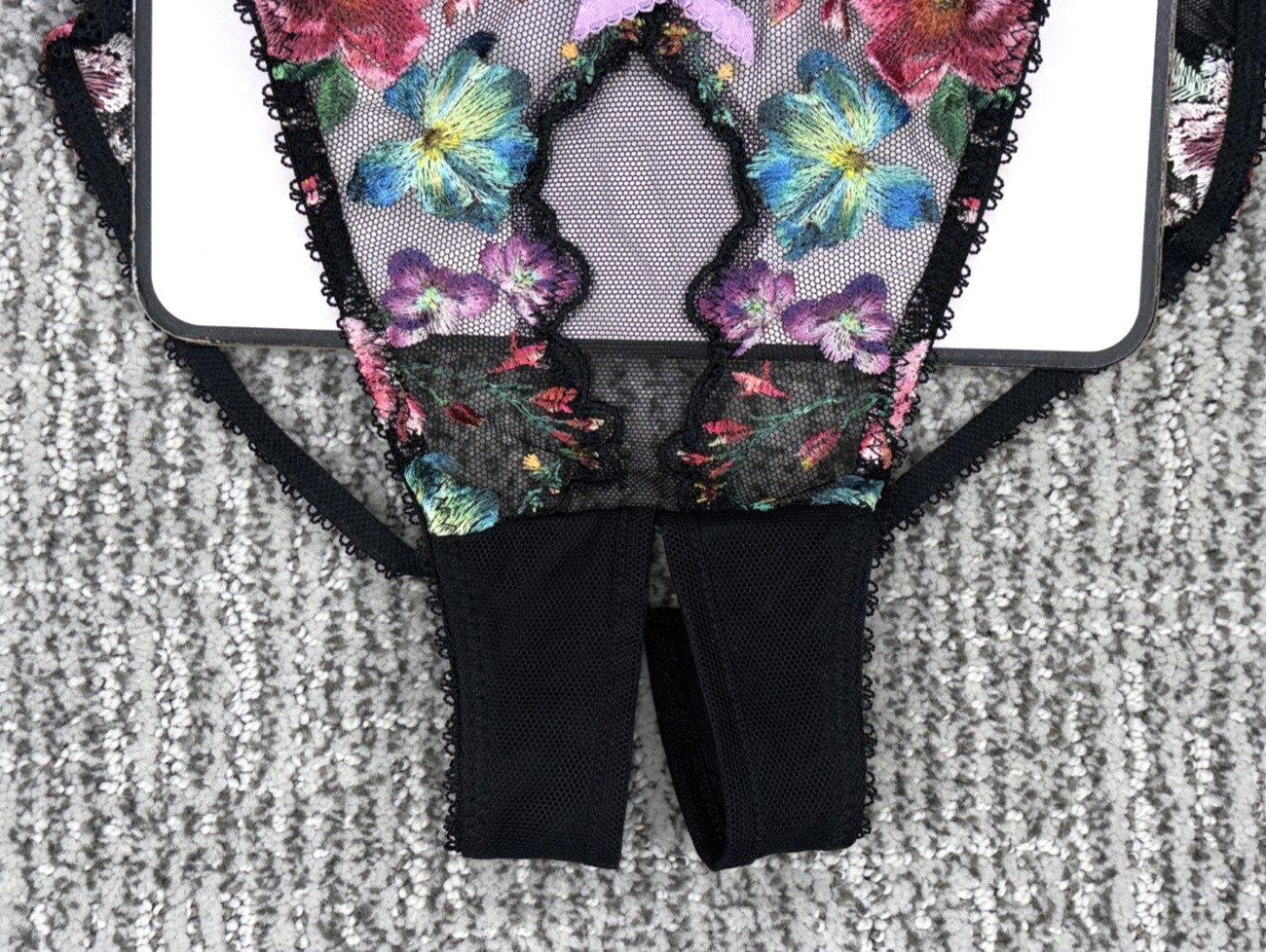 Victoria’s Secret Sexy NWT Medium Black Floral Crotchles Bikini Panty Mesh Bow