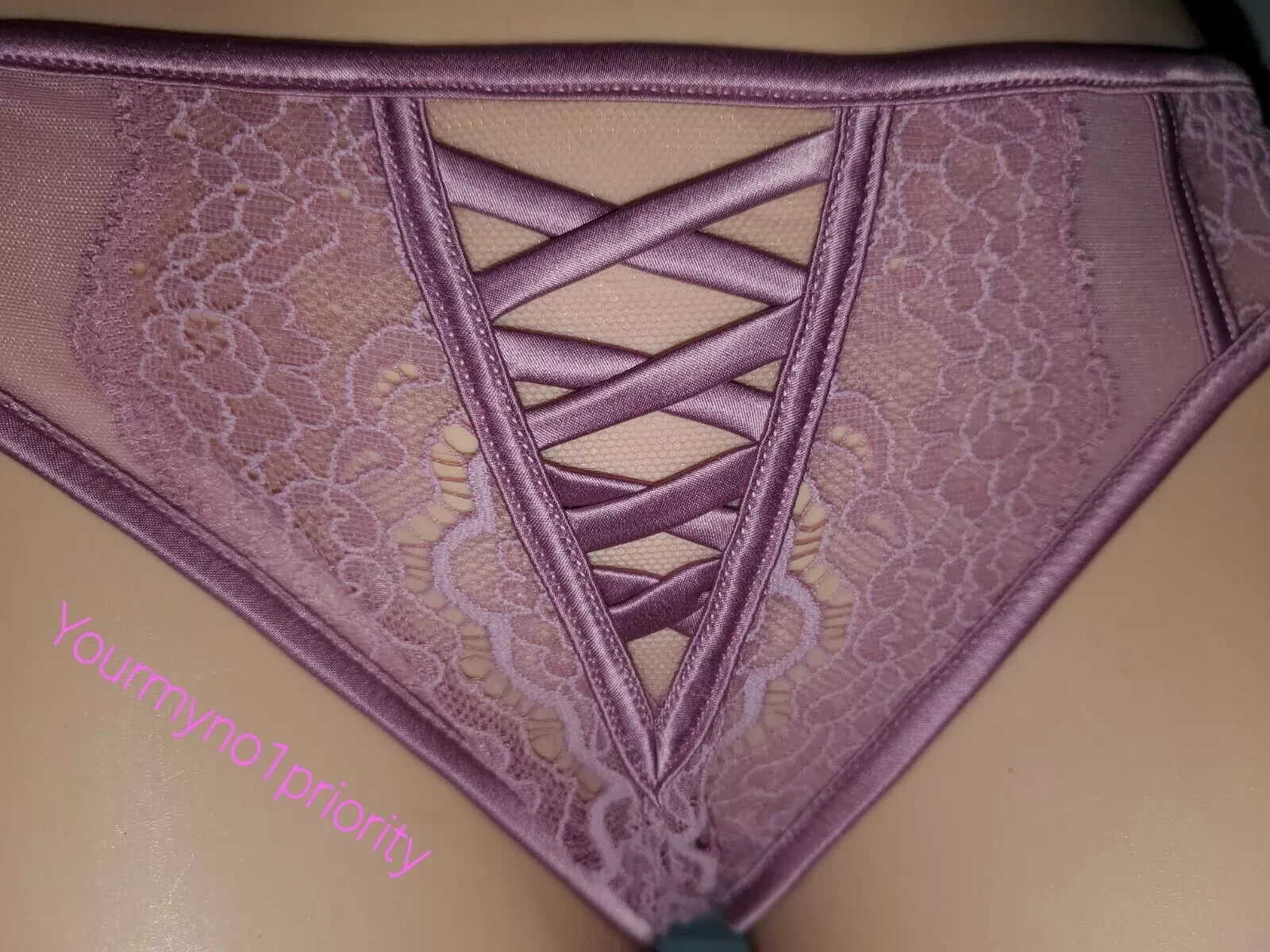 S Victoria Secret Dream Angels Lace & Satin Trim Sheer mesh Cheekini Panty Mauve