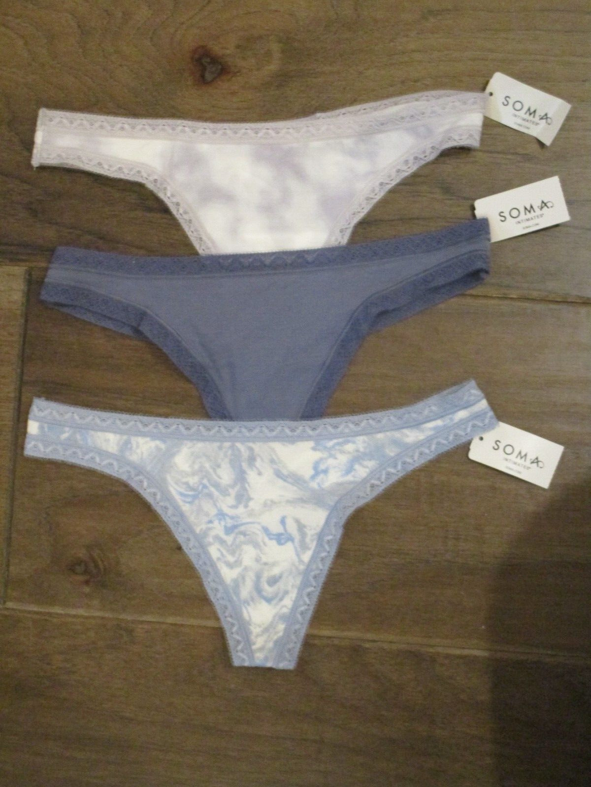 3-PACK SOMA COTTON MODAL THONG PANTIES IN BLUE SOLID + PRINTS SIZE SMALL
