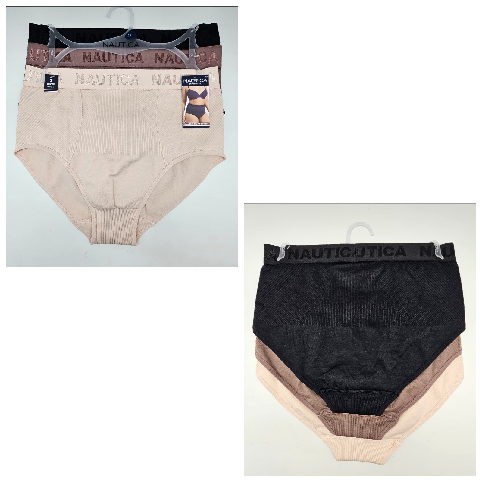 NAUTICA 3 Pack Womens Plus 1X 2X Logo Seamless Shaping Briefs Black Brown Cream