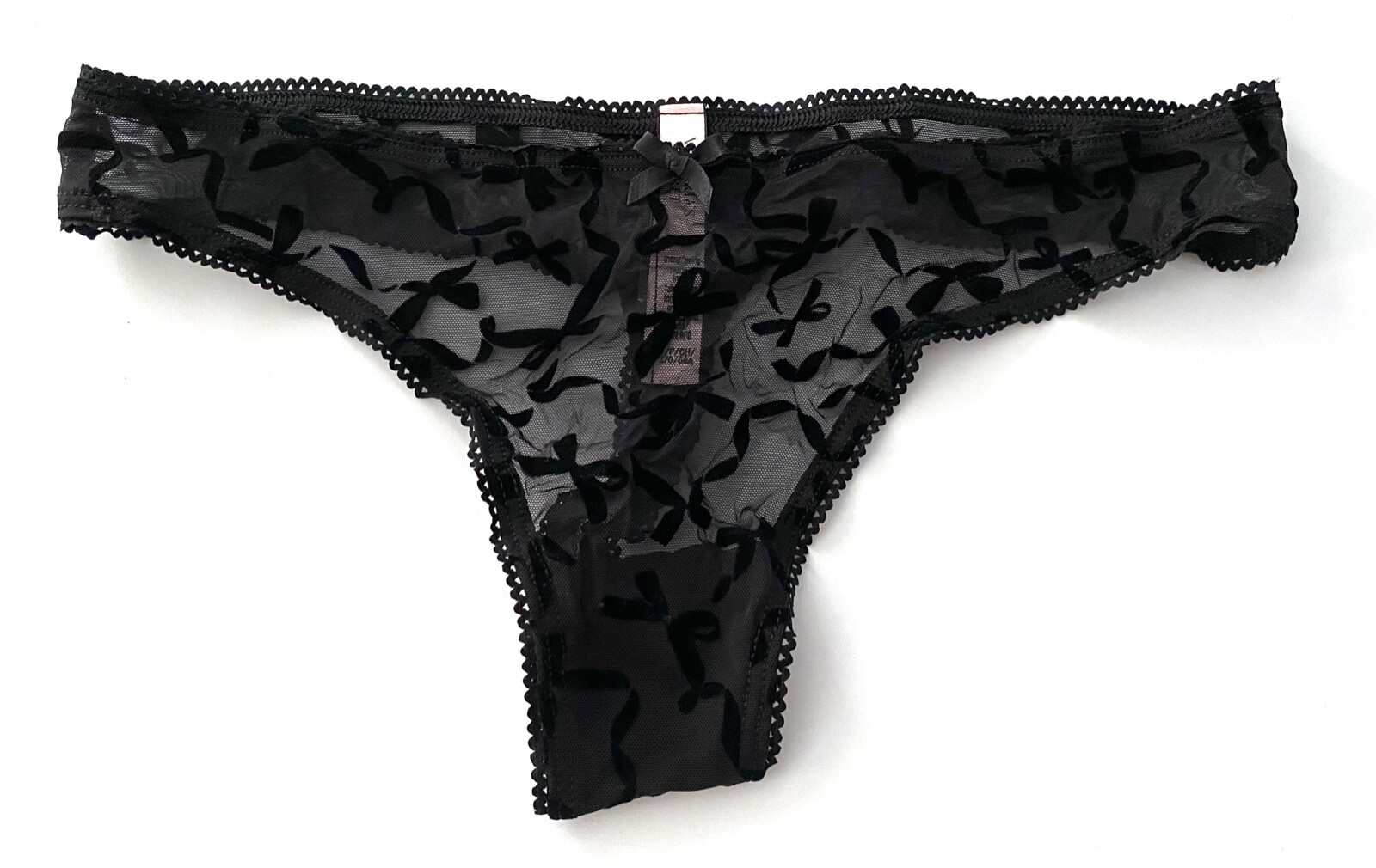 Victoria’s Secret Thong Panty Black Sheer Mesh Velvet Flocked Sexy M L XL